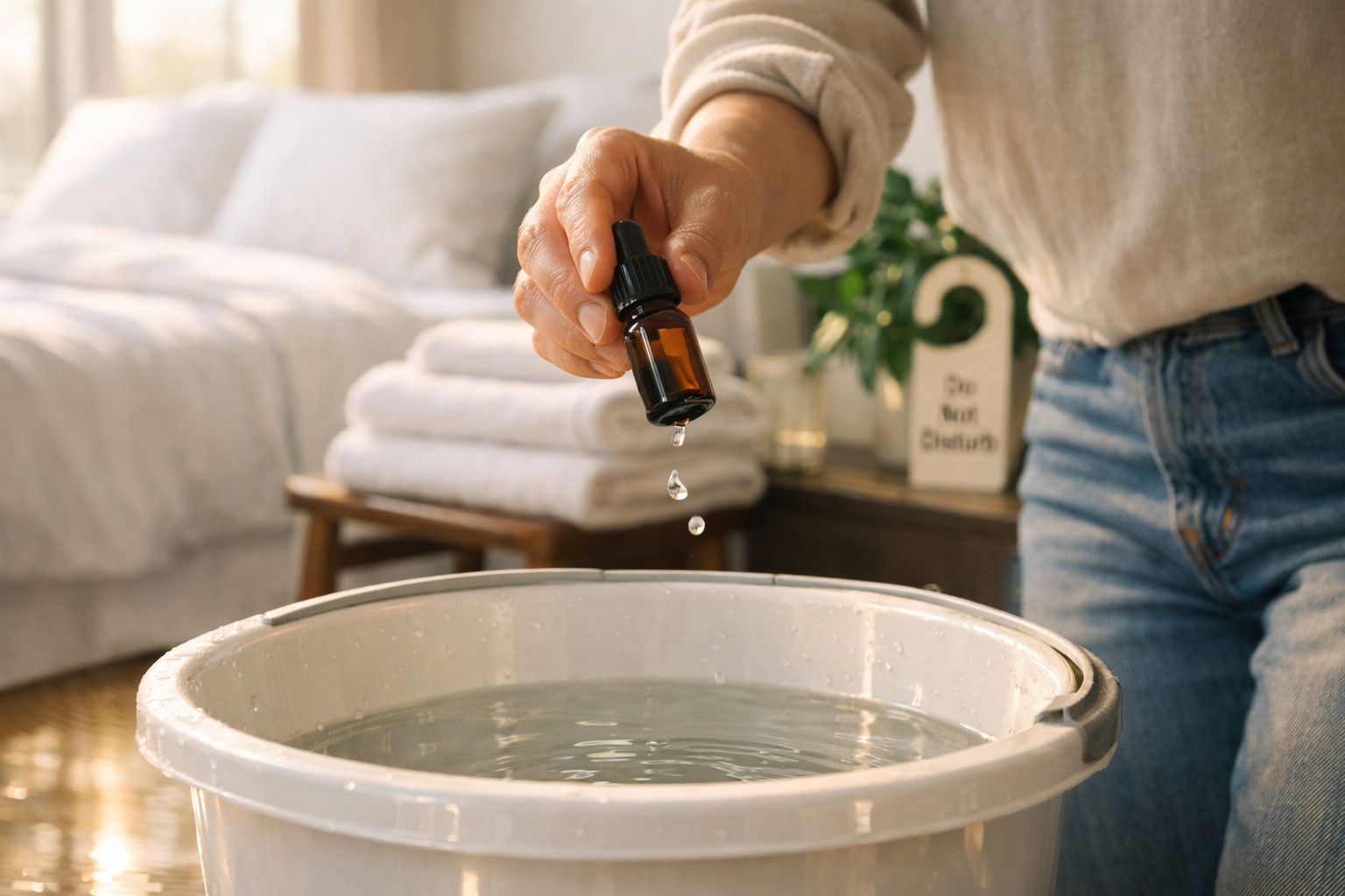 Pessoa a deitar gotas de óleo essencial numa bacia com água num ambiente doméstico tranquilo.
