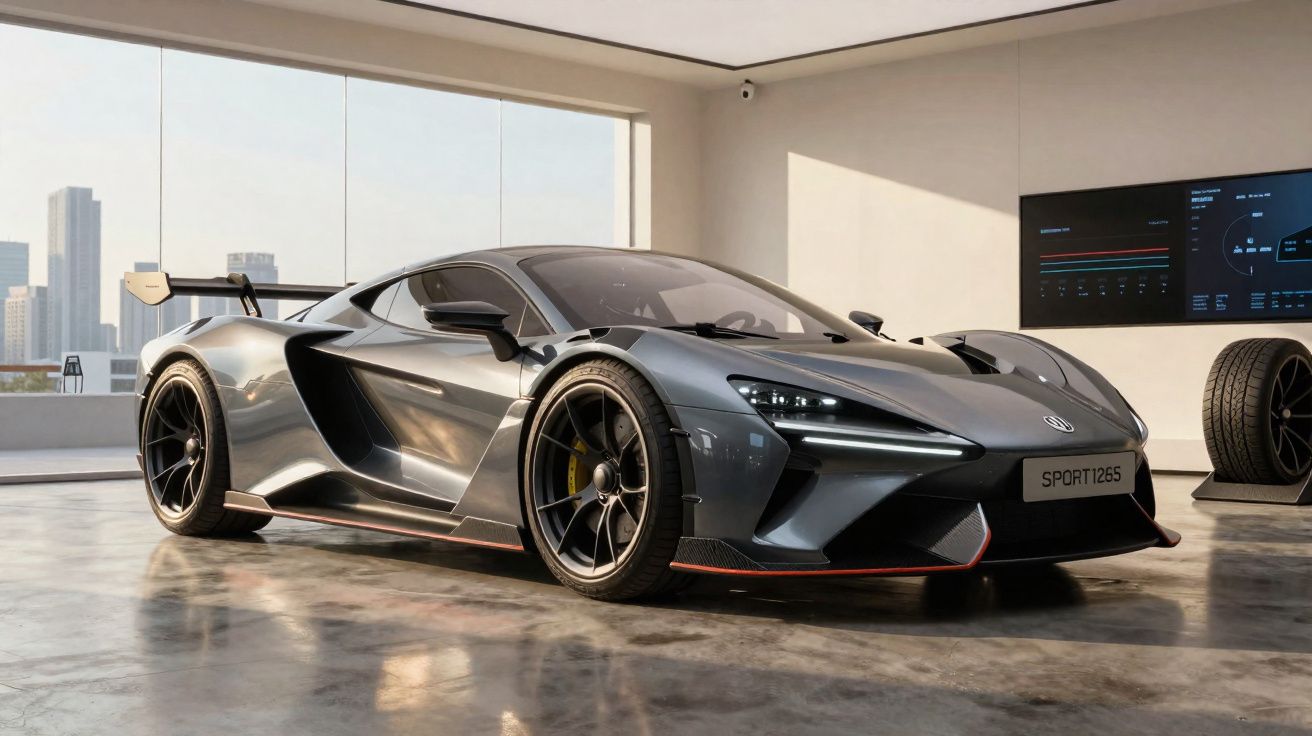 Carro desportivo cinzento metálico com design aerodinâmico em garagem moderna com vista para cidade.