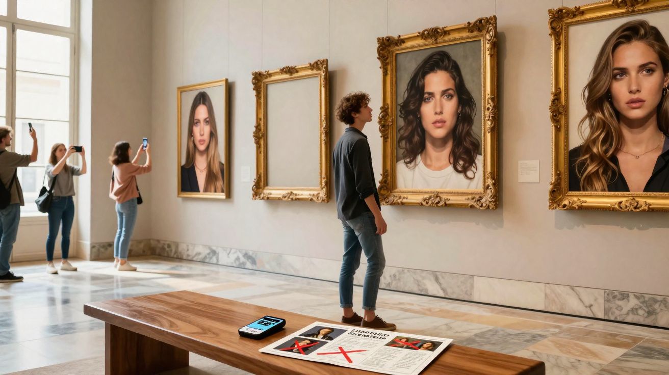 Visitantes numa galeria de arte observam retratos femininos em molduras douradas, com espaço vazio para uma pintura.