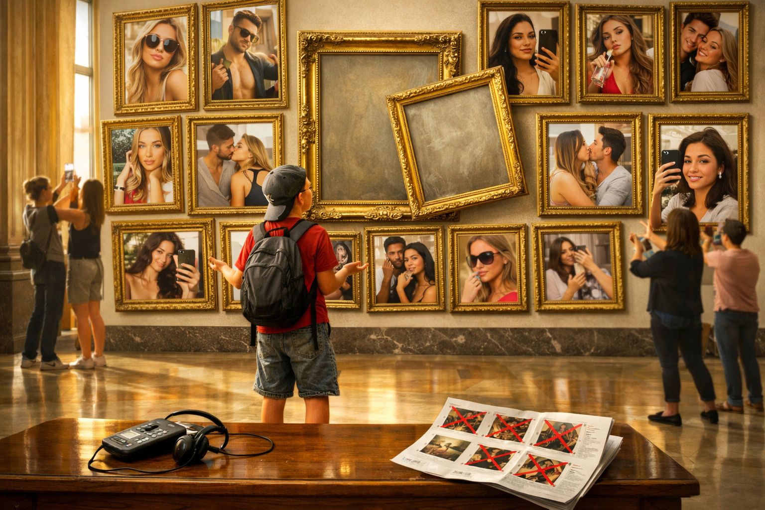 Pessoas numa galeria de arte a observar retratos modernos de selfies em molduras douradas.