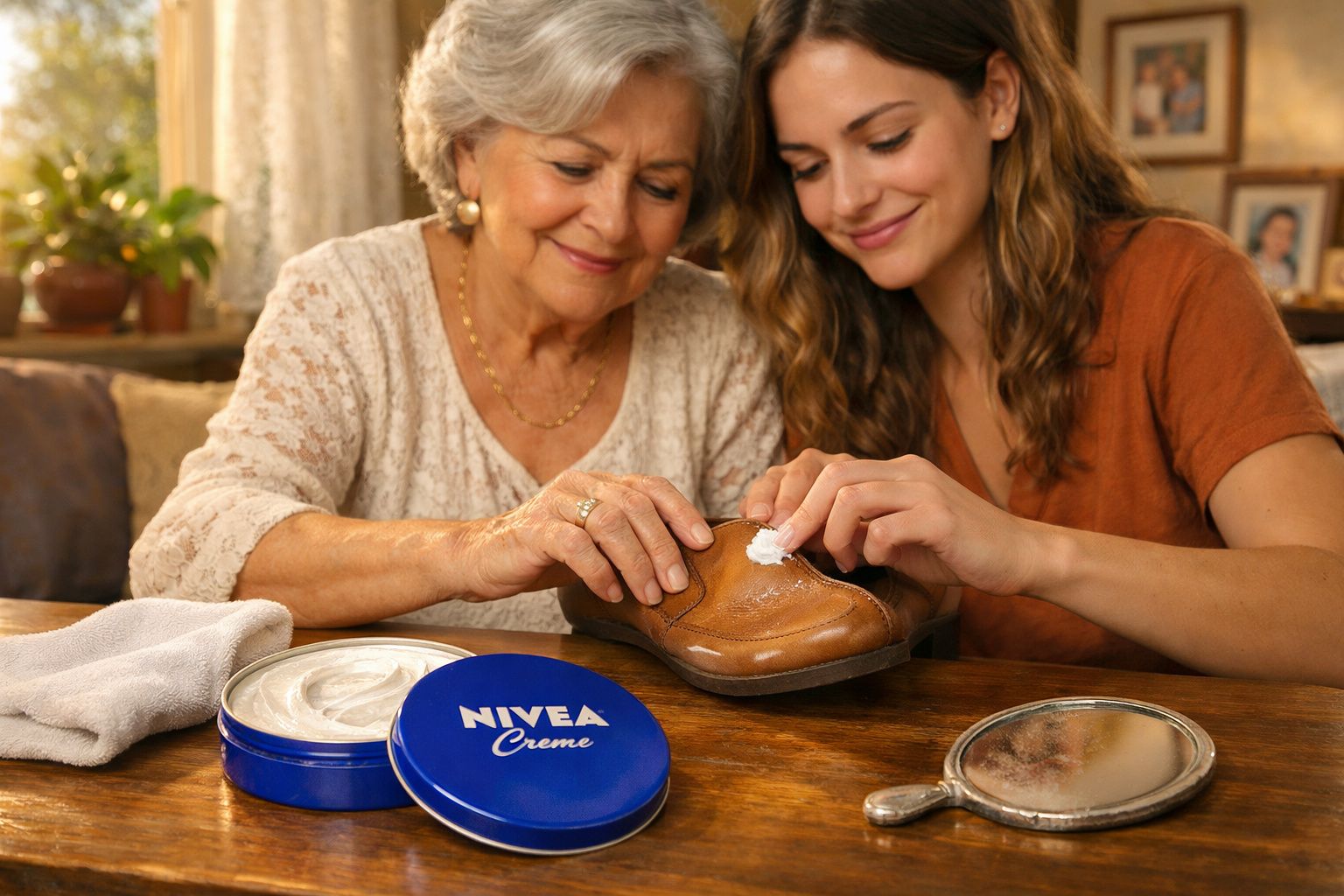 Duas mulheres aplicam creme Nivea num sapato de pele castanho, sentadas à mesa com espelho e pano.