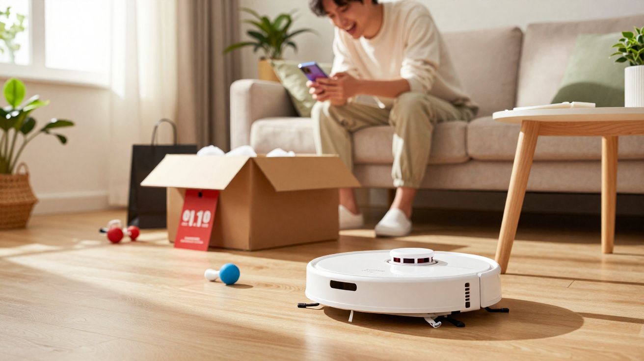Robô aspirador branco a limpar chão de madeira numa sala com pessoa sentada no sofá a usar telemóvel.
