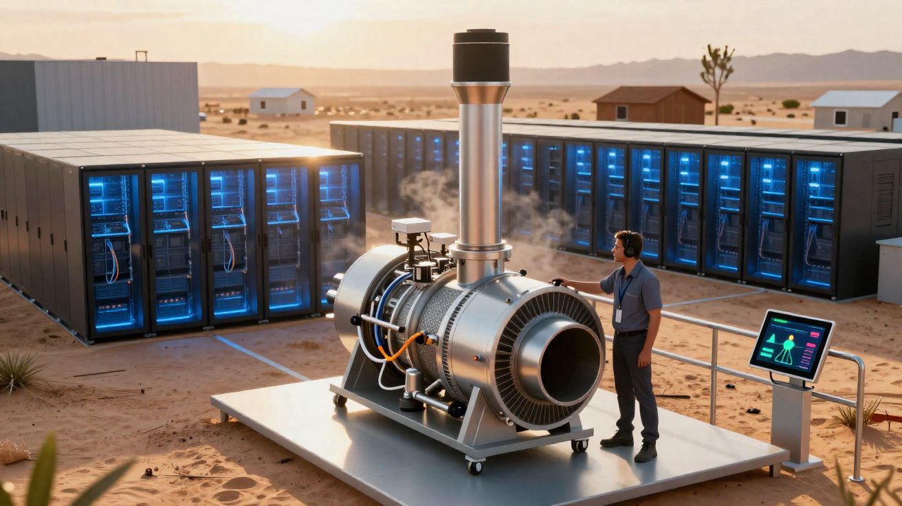 Homem com auscultadores junto a uma turbina metálica a vapor, rodeado de servidores azuis num deserto.