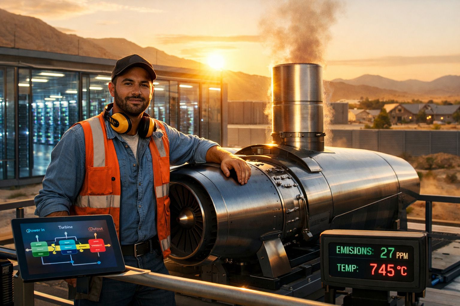 Homem com colete de segurança e auscultadores perto de turbina a funcionar ao pôr do sol com ecrãs de controlo.