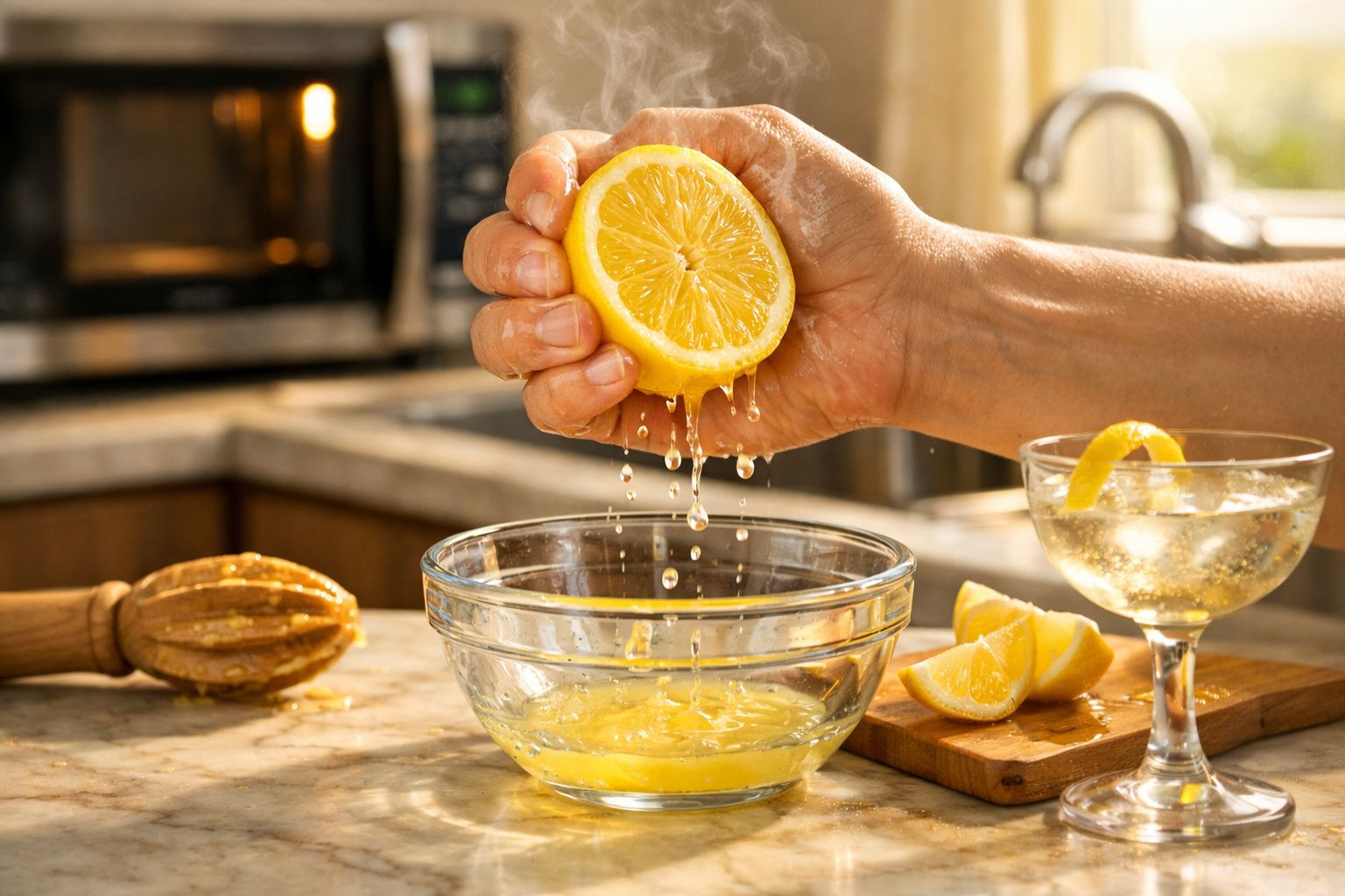Mão a espremer um limão num recipiente de vidro, com limões e um copo com bebida na bancada da cozinha.