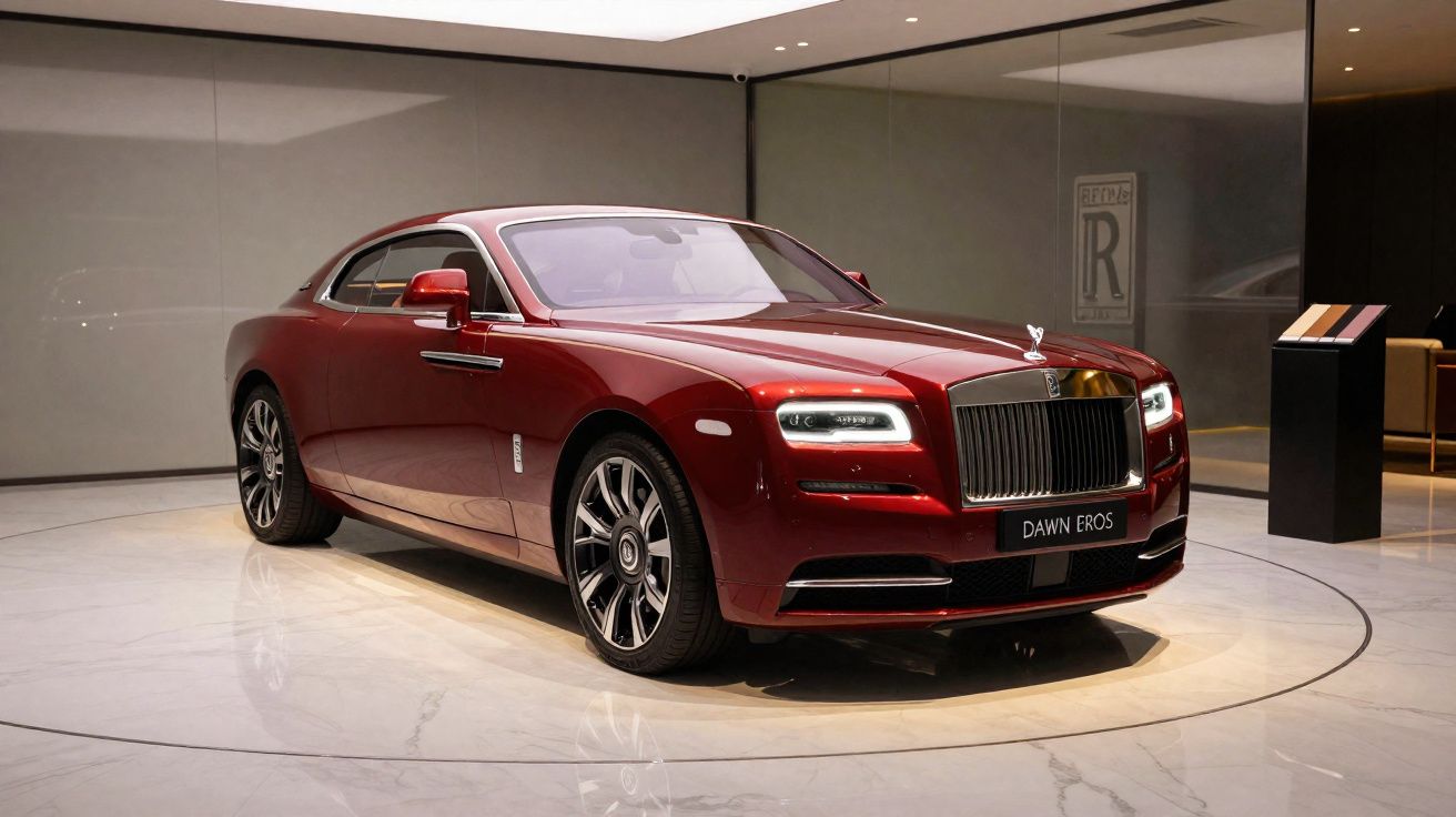 Carro de luxo vermelho Rolls-Royce Dawn Eros estacionado em centro de exposição moderno.
