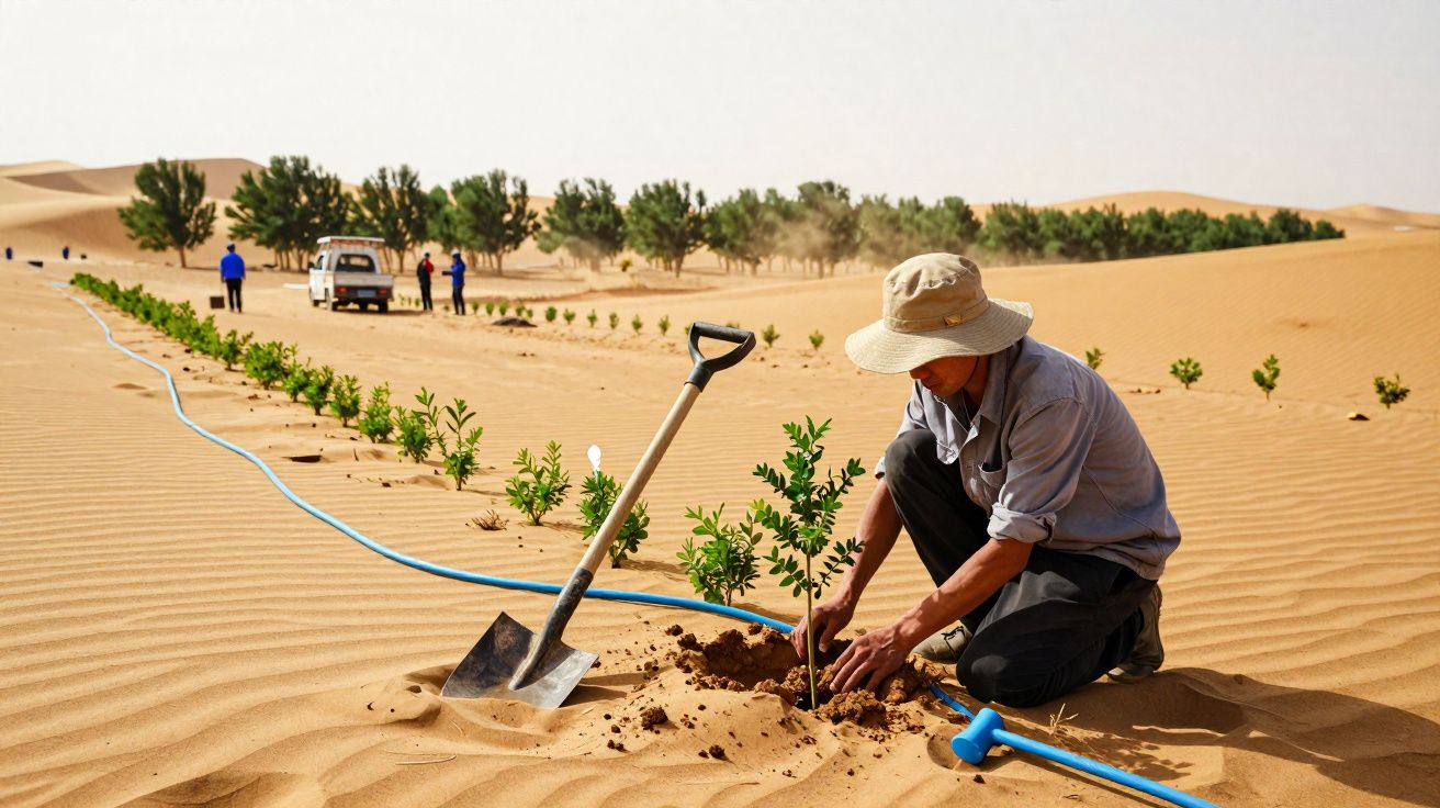 Pessoa a plantar árvores numa área desértica com rega por gotejamento e várias pessoas ao fundo.