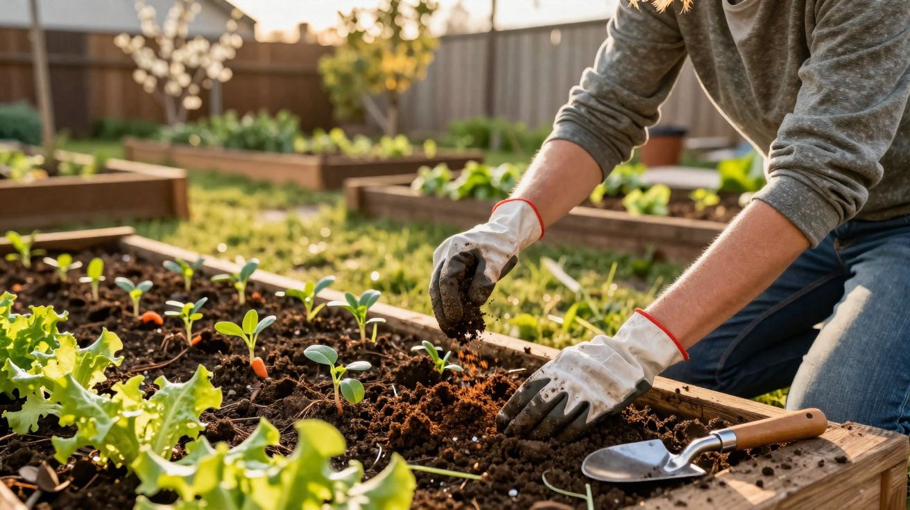 Pessoa a cuidar de plantas jovens numa horta elevada durante o dia, usando luvas e rolha de mão.