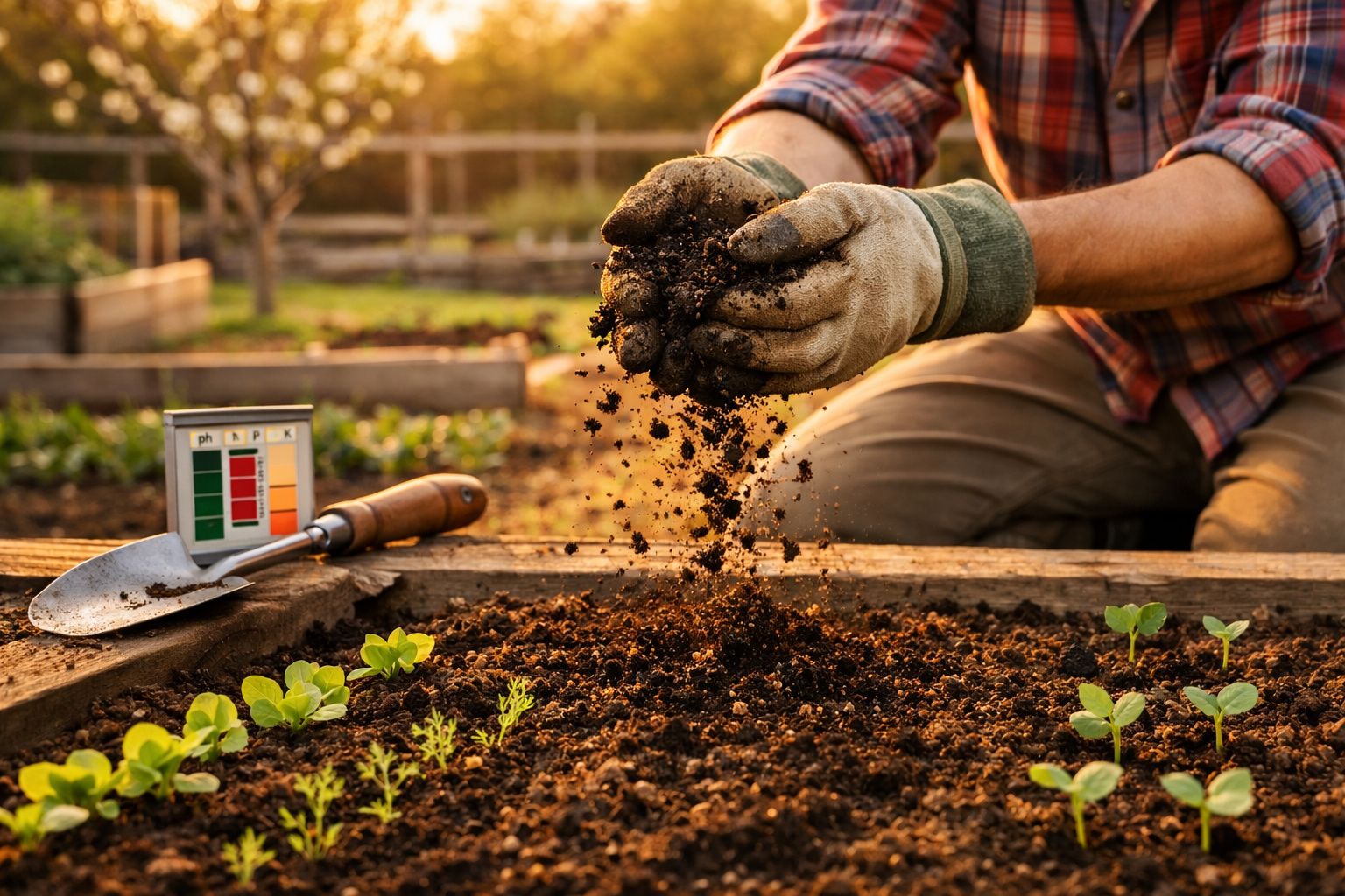 Pessoa com luvas a trabalhar a terra de uma horta com plantas jovens e um medidor de pH ao lado.