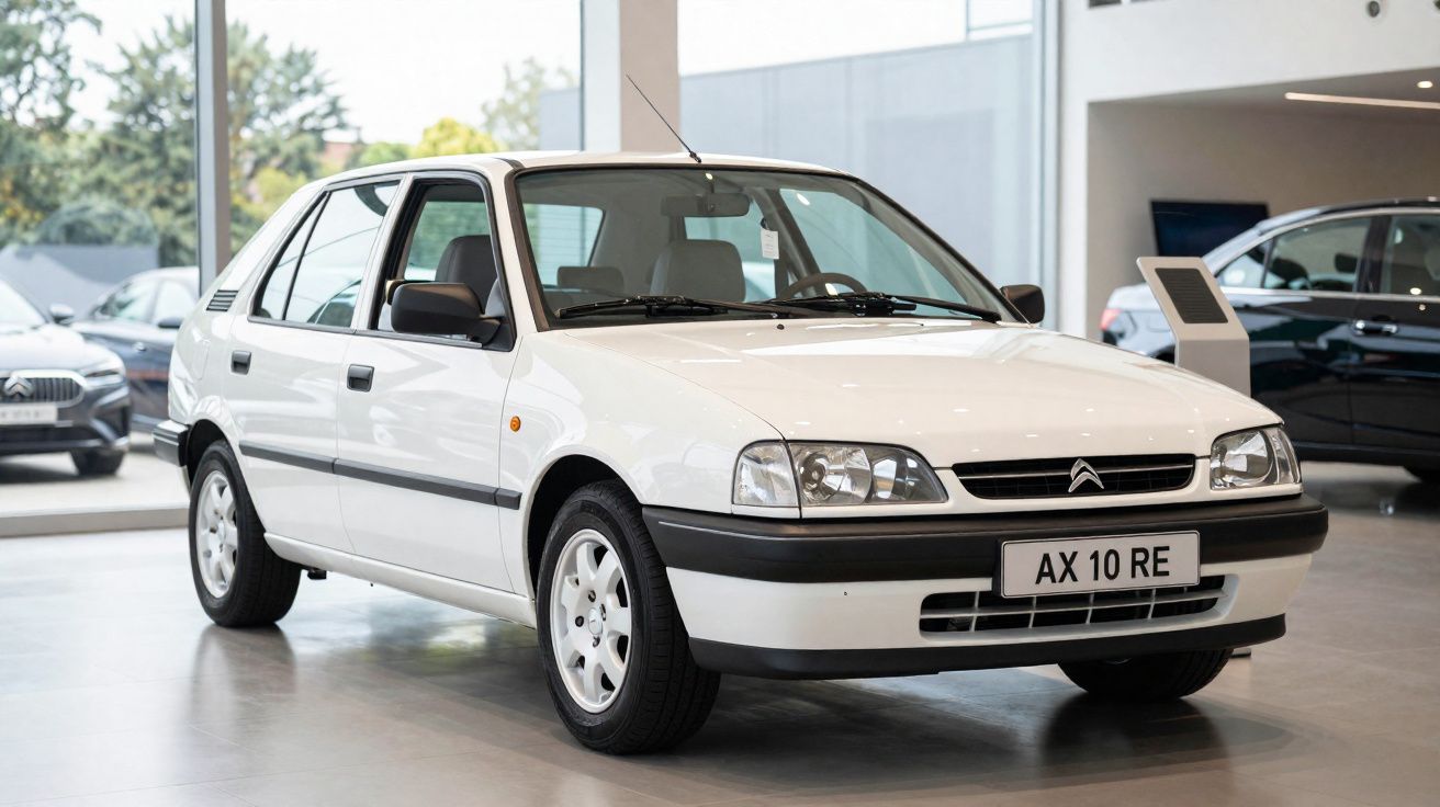 Automóvel Citroën AX branco exposto numa sala com chão cinzento e outras viaturas ao fundo.