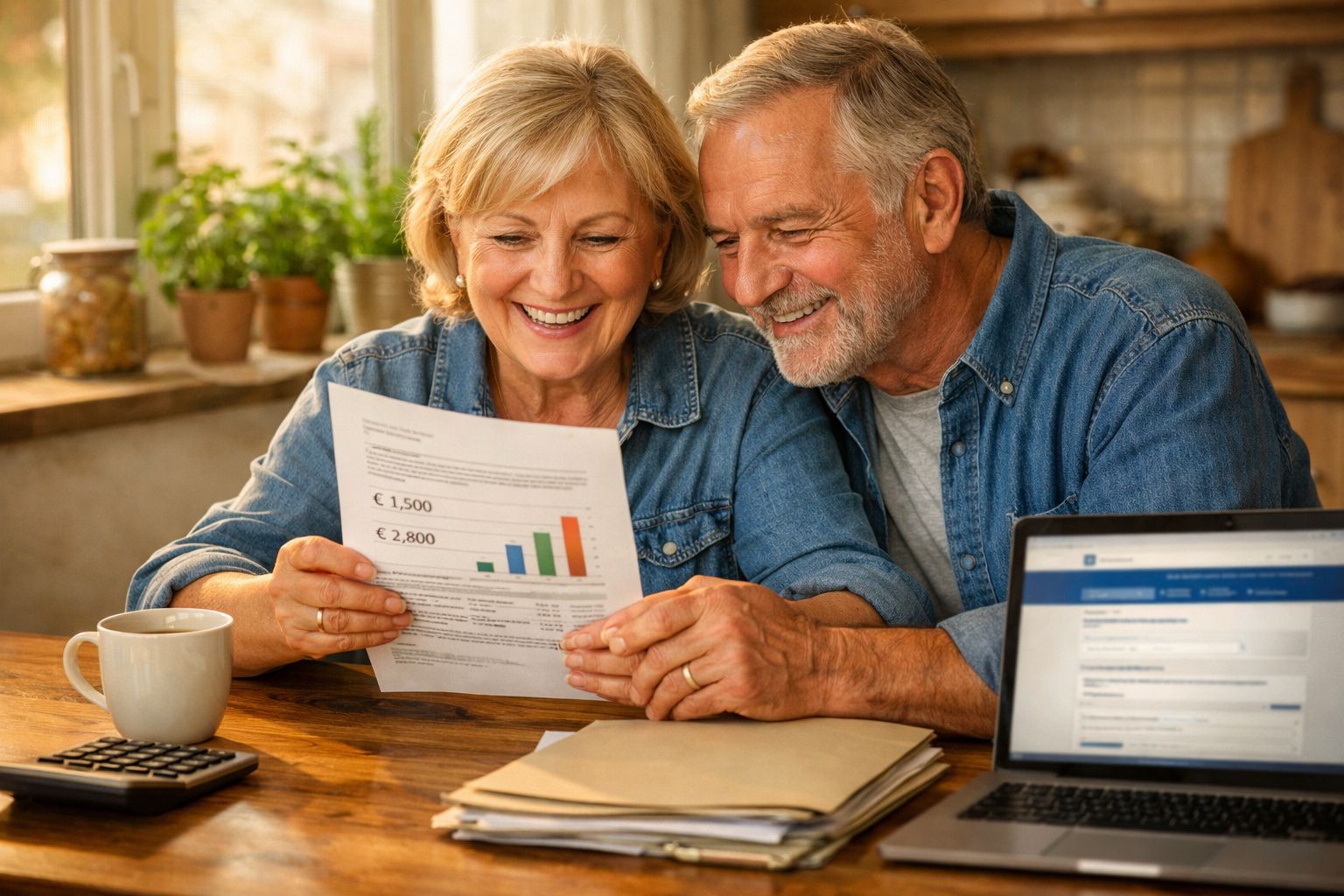 Casal sénior a sorrir enquanto analisa documentos financeiros numa cozinha, com computador e calculadora à frente.