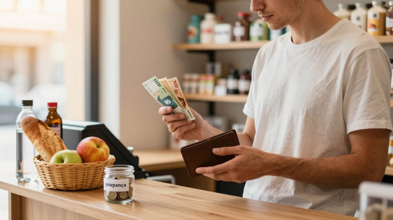 Homem a contar notas para pagar numa loja com cesta de fruta e pote de poupança na bancada.