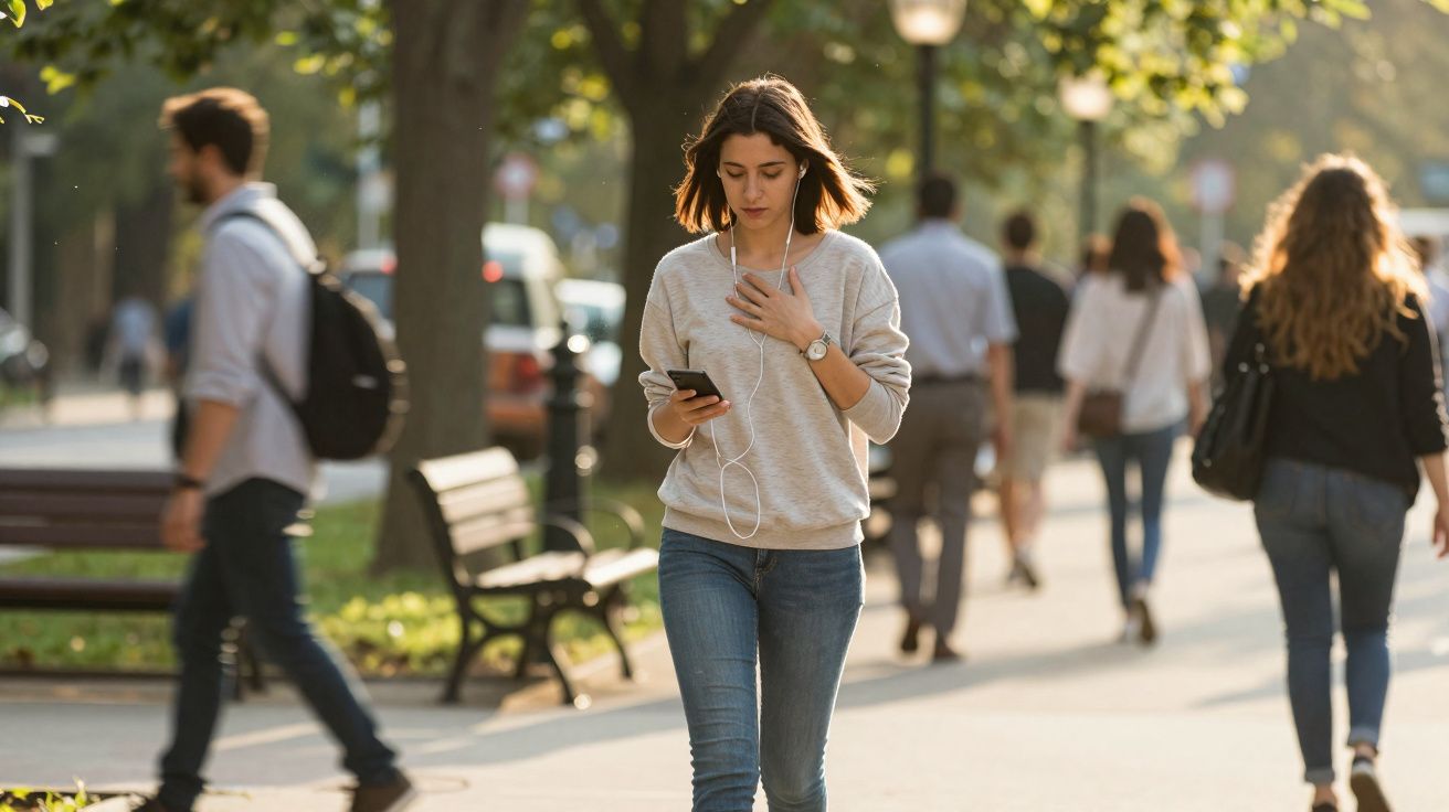 Mulher jovem com auriculares a ouvir música, a caminhar numa avenida com outras pessoas e árvores ao fundo.