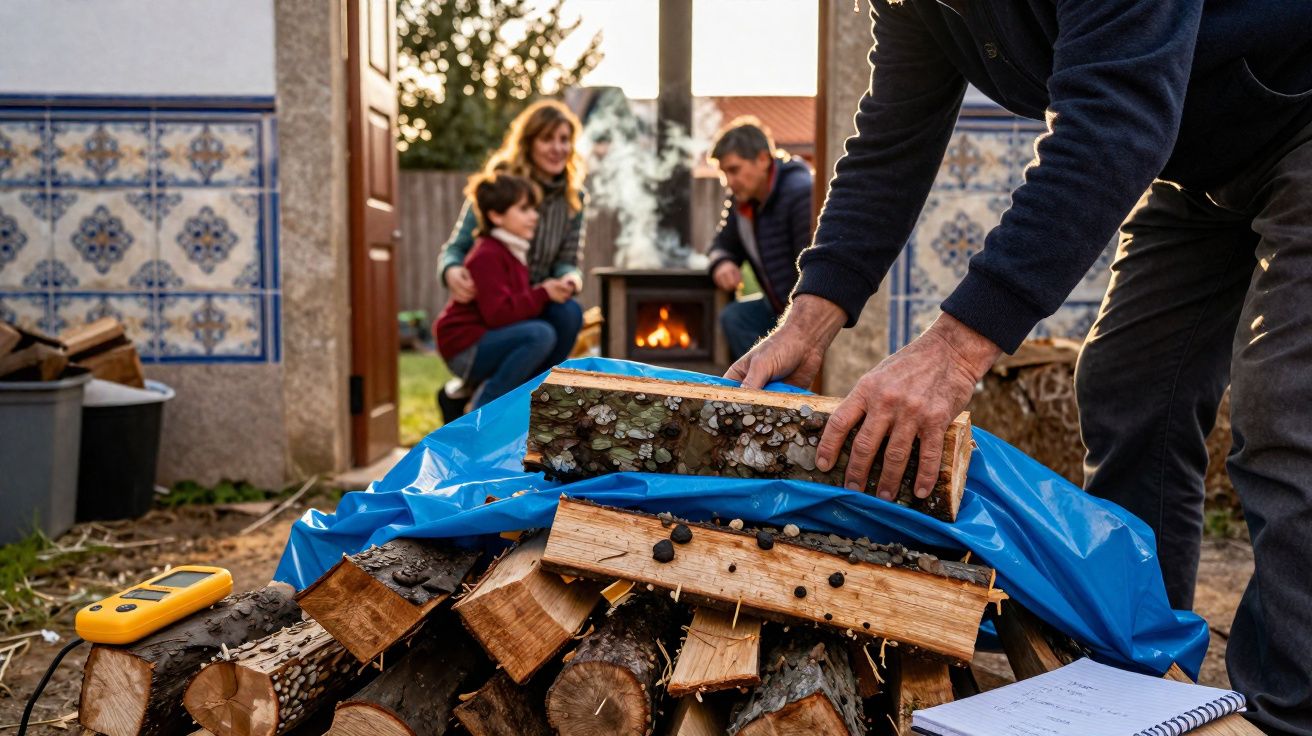 Pessoa a empilhar lenha para a lareira enquanto família observa perto de uma porta aberta.