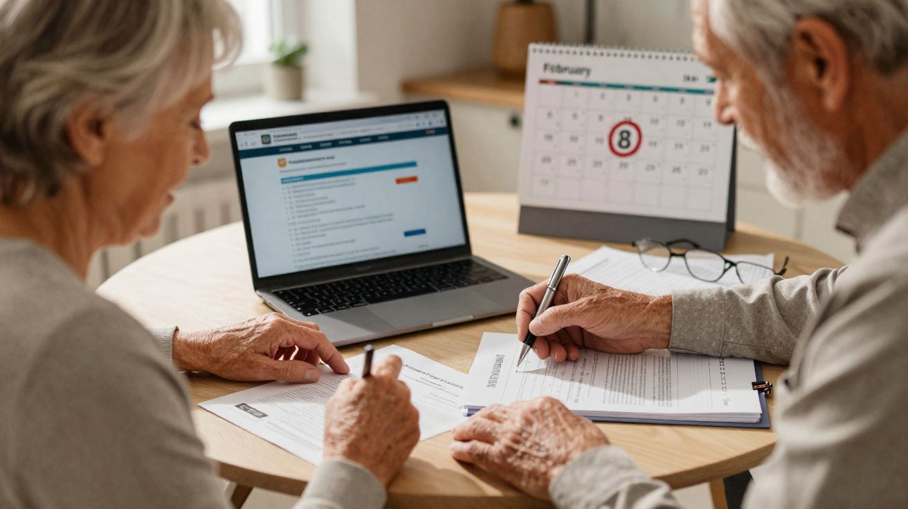 Casal sénior a preencher documentos sentados numa mesa com computador e calendário à frente.