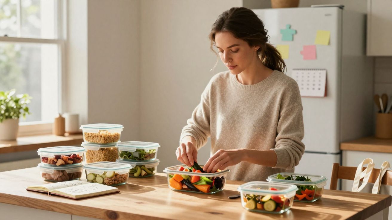 Mulher a preparar refeições saudáveis em recipientes de vidro numa cozinha iluminada pela luz natural.