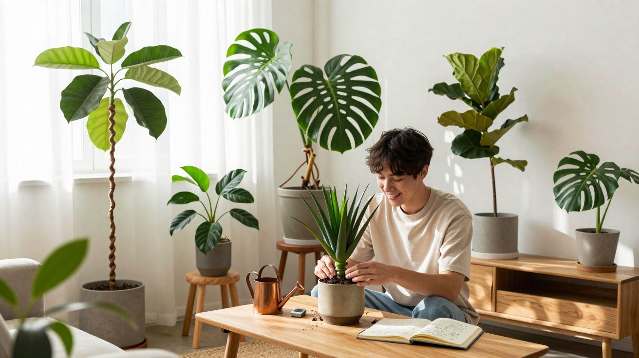 Pessoa a cuidar de planta suculenta numa sala iluminada com várias plantas em vasos decorativos.