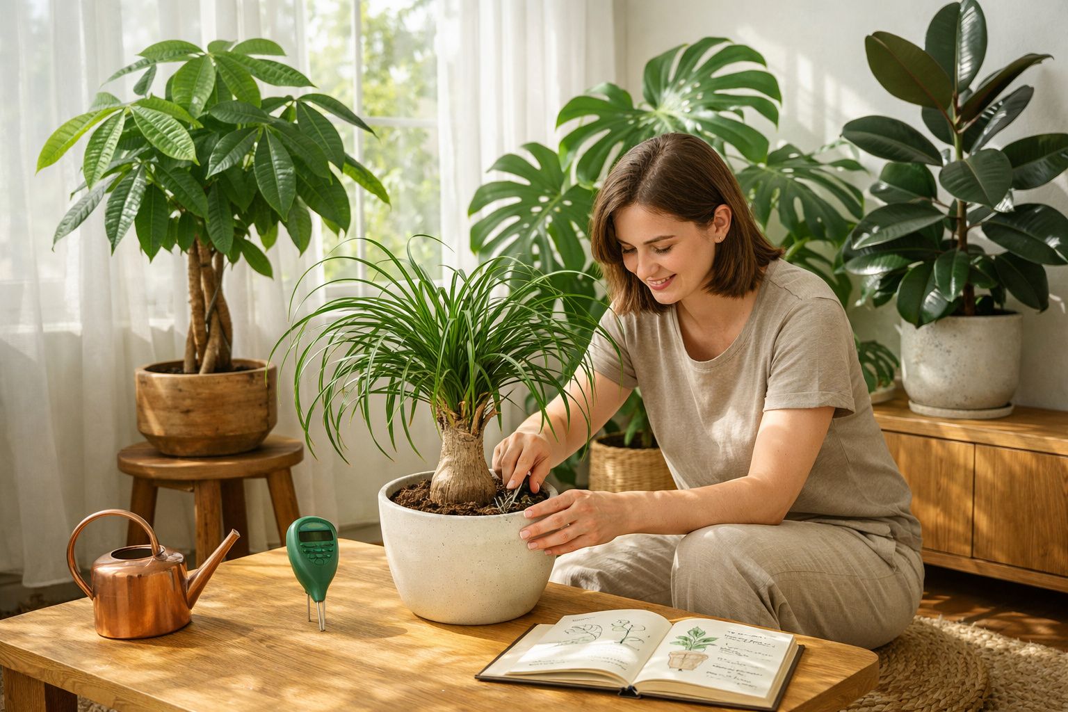Mulher sorridente cuida de planta numa sala iluminada, rodeada por várias plantas em vasos.