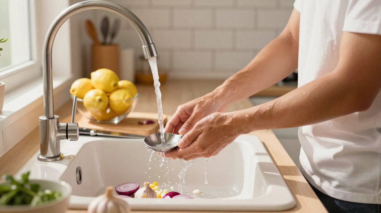 Pessoa a lavar um utensílio de cozinha de aço inox sob torneira com água corrente numa cozinha moderna.