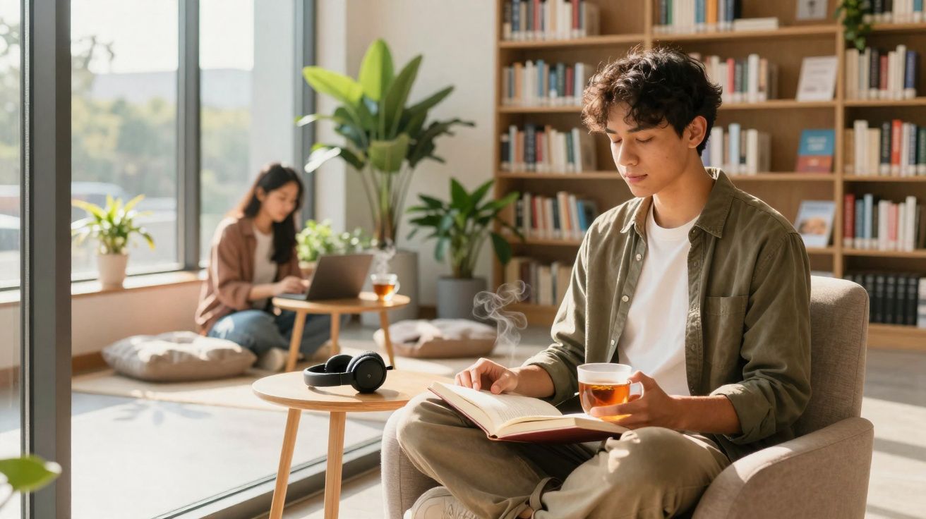 Jovem sentado a ler e a beber chá numa sala iluminada com estantes e outra pessoa a trabalhar num portátil.