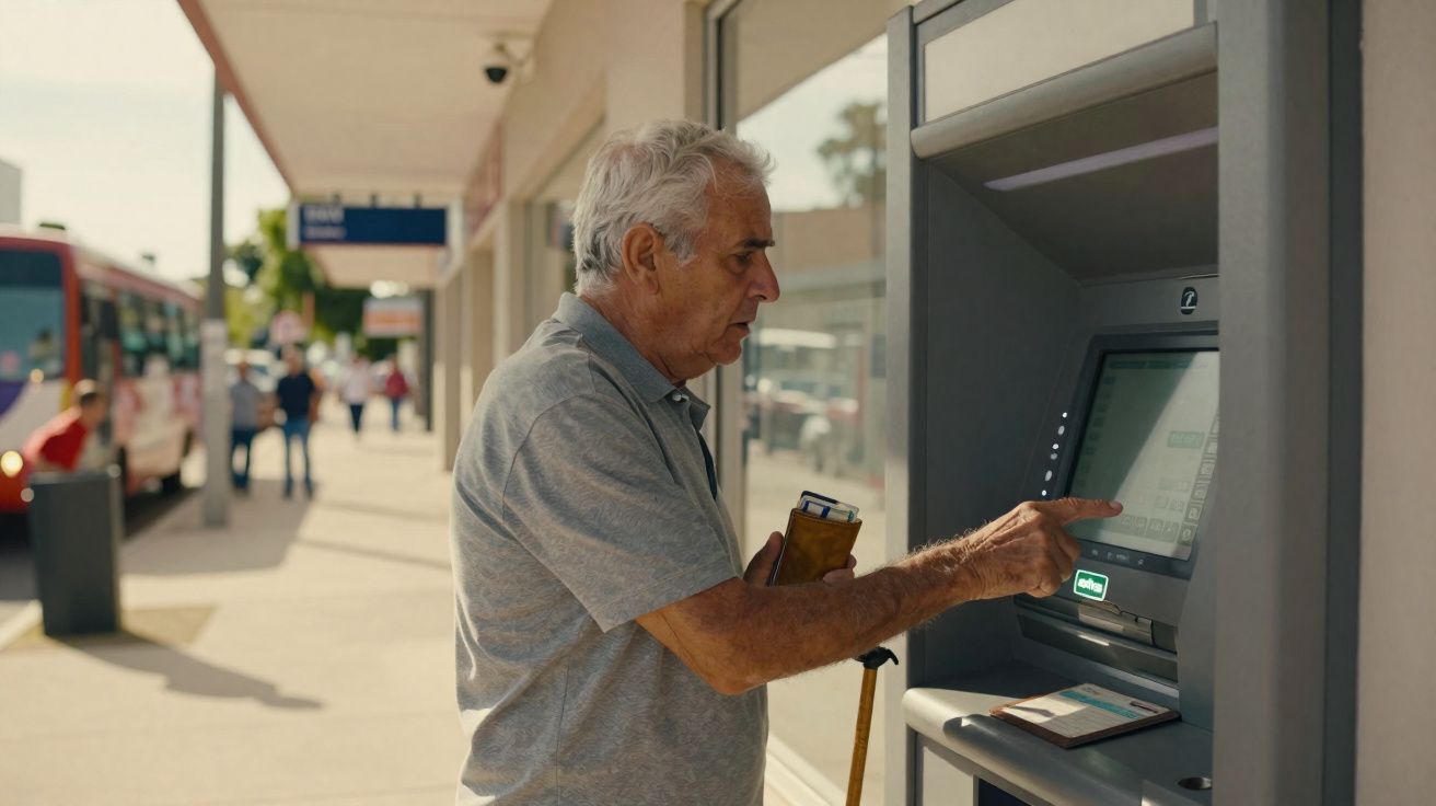 Homem idoso usa multibanco na rua, segurando carteira e bengala, com autocarro e pessoas ao fundo.