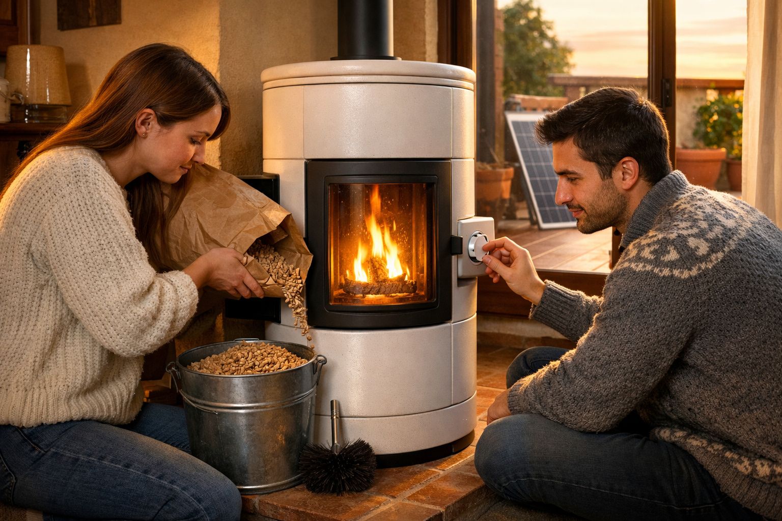 Casal de suéteres ajusta e abastece aquecedor de pellets numa sala aconchegante com lareira acesa.