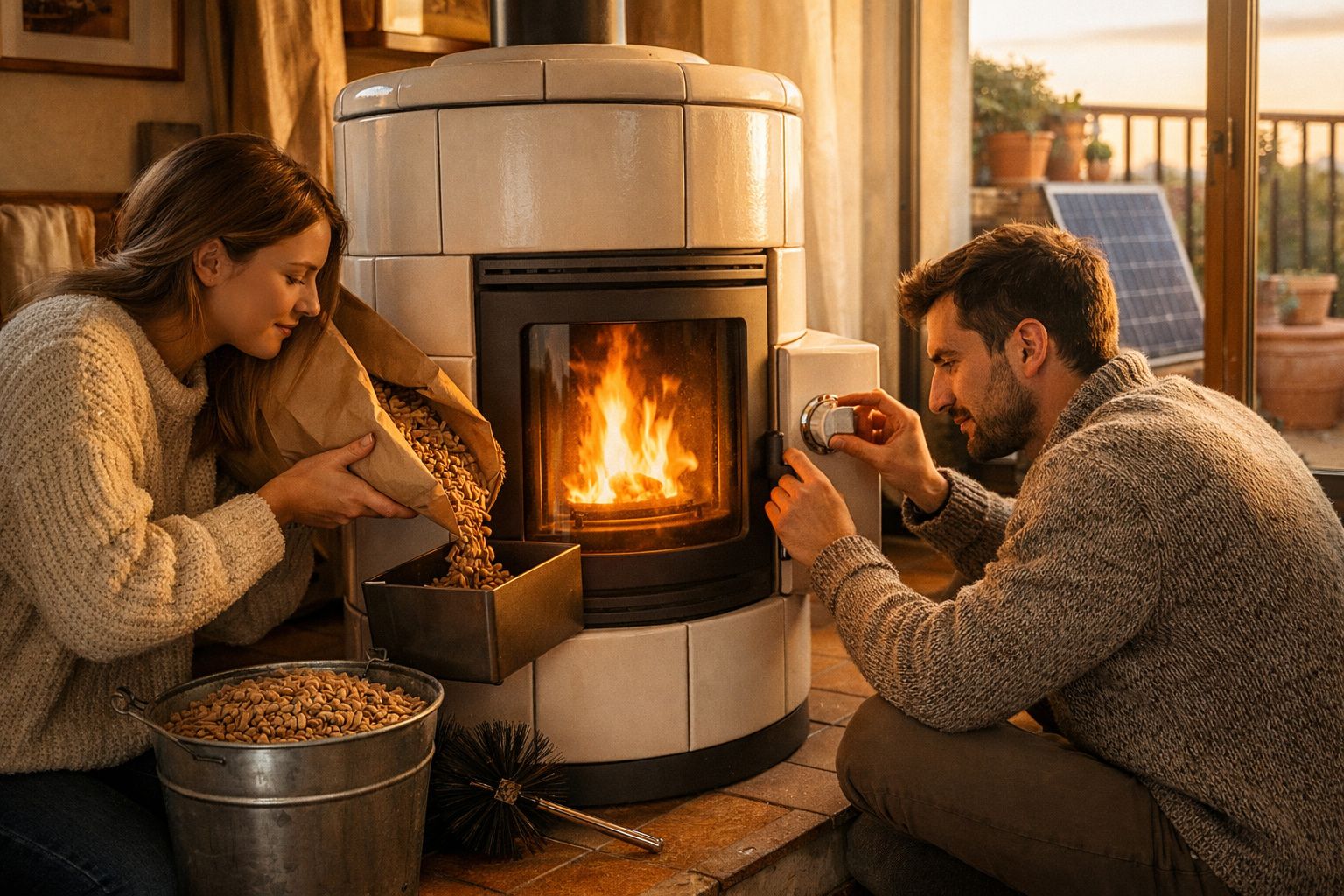 Casal a aquecer a lareira de pellets numa sala acolhedora, com mantas e luz natural ao final do dia.