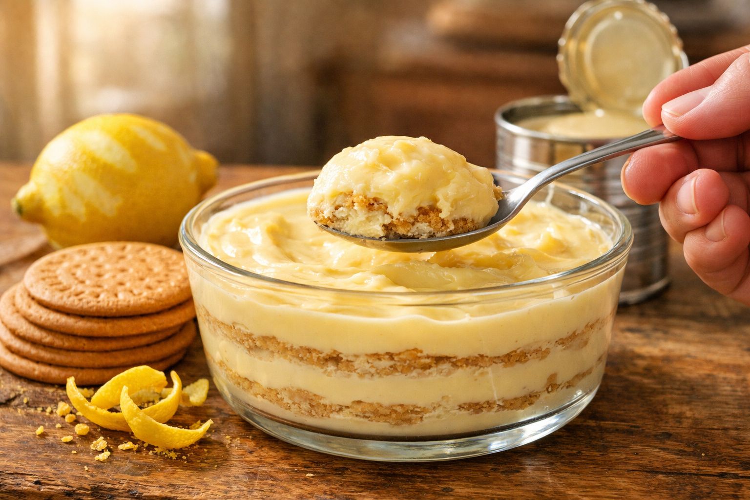 Doce de limão com camadas de bolacha e leite condensado numa taça de vidro.