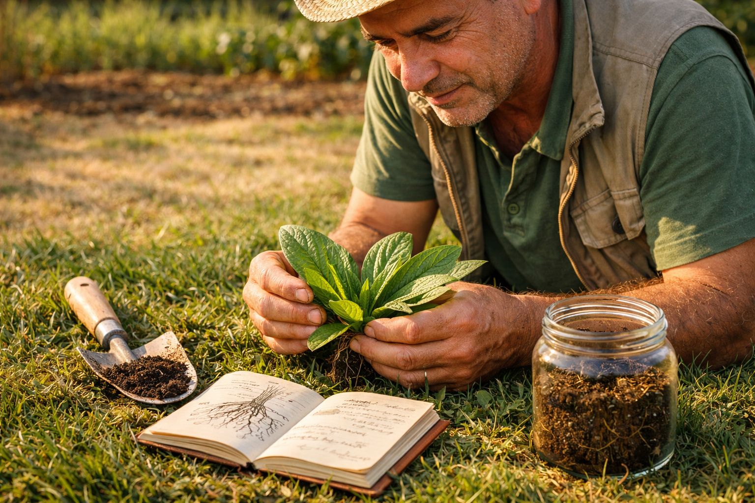 Homem a examinar planta no jardim com livro de botânica, pá e frasco de terra ao lado.