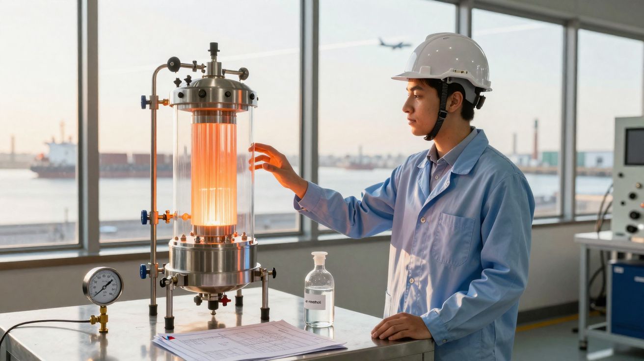 Pessoa com bata e capacete branco a operar equipamento industrial num laboratório com vista para o porto.