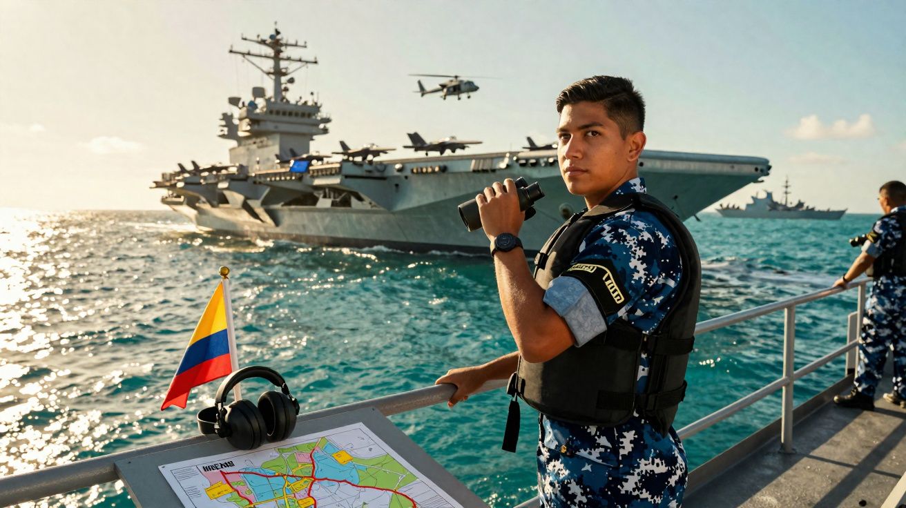 Militar em farda camuflada com binóculos em barco perto de porta-aviões e helicóptero no mar.