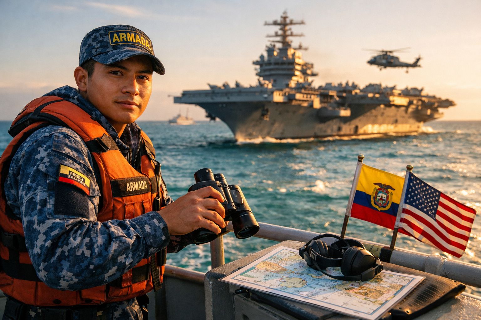 Marinheiro da marinha do Equador com binóculos no mar, barco, porta-aviões e helicóptero ao fundo.