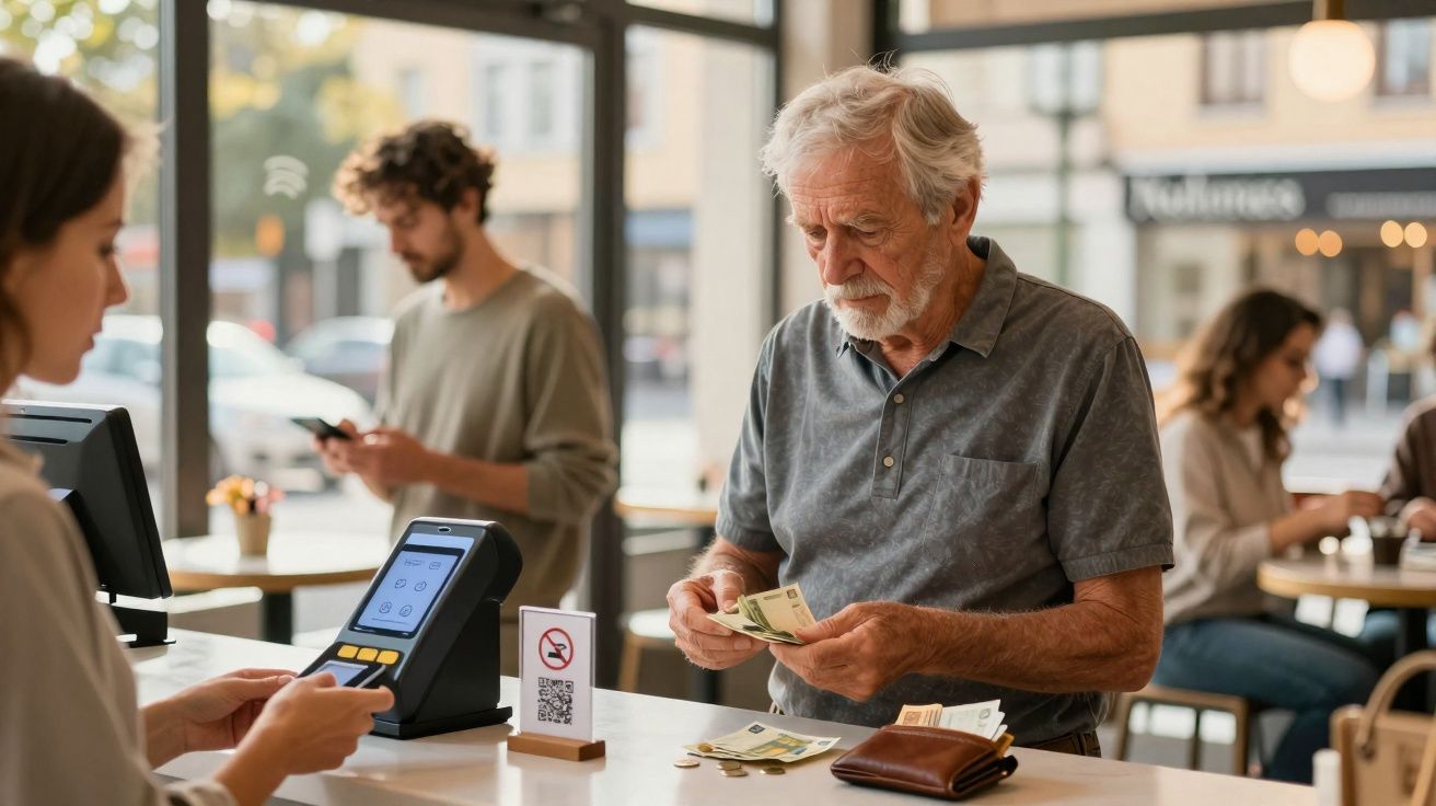 Homem idoso conta dinheiro enquanto outra pessoa usa terminal de pagamento numa loja com pessoas ao fundo.