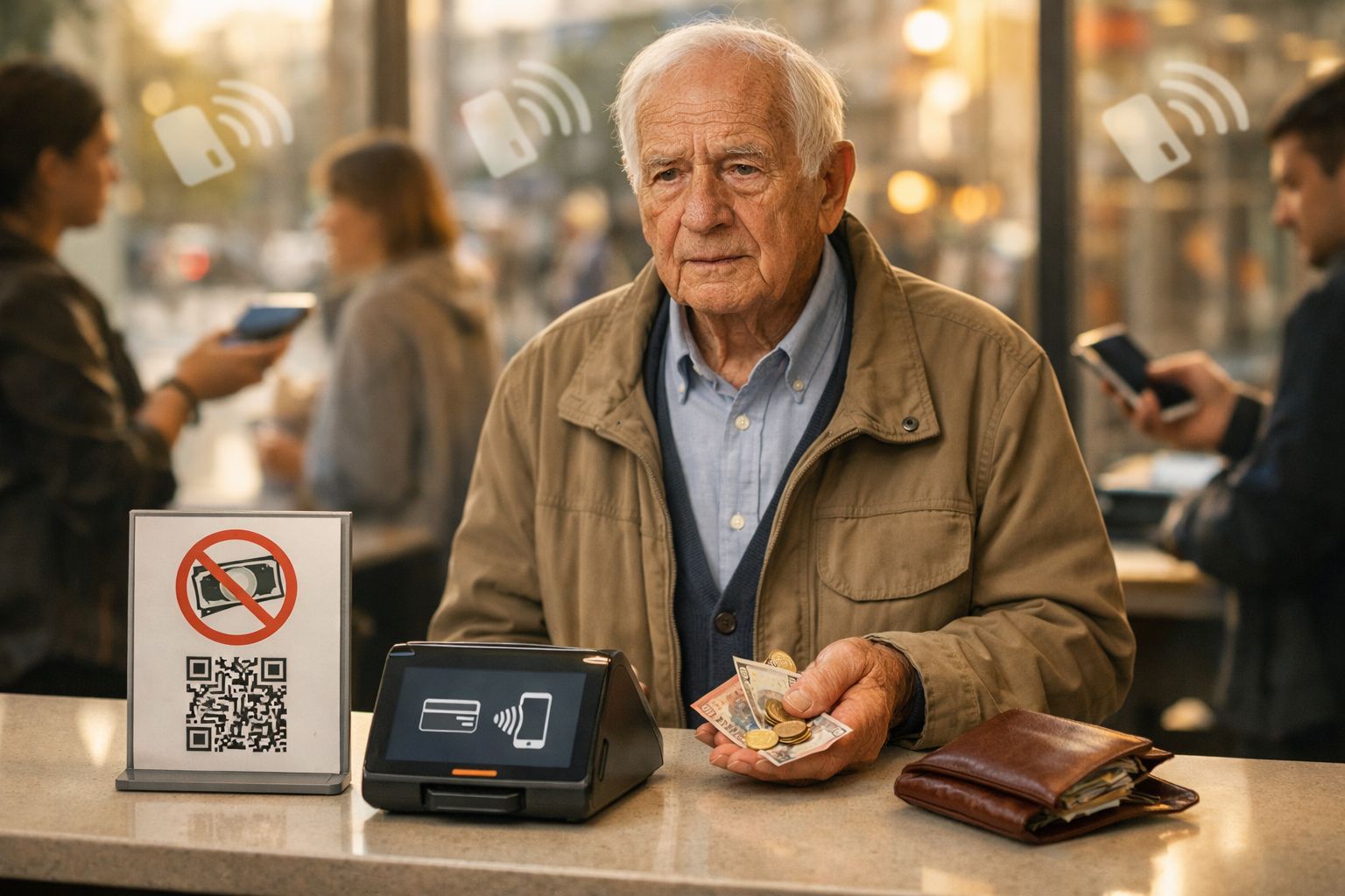 Homem idoso tenta pagar em dinheiro num café com sinal de pagamento sem contacto e proibição de notas.