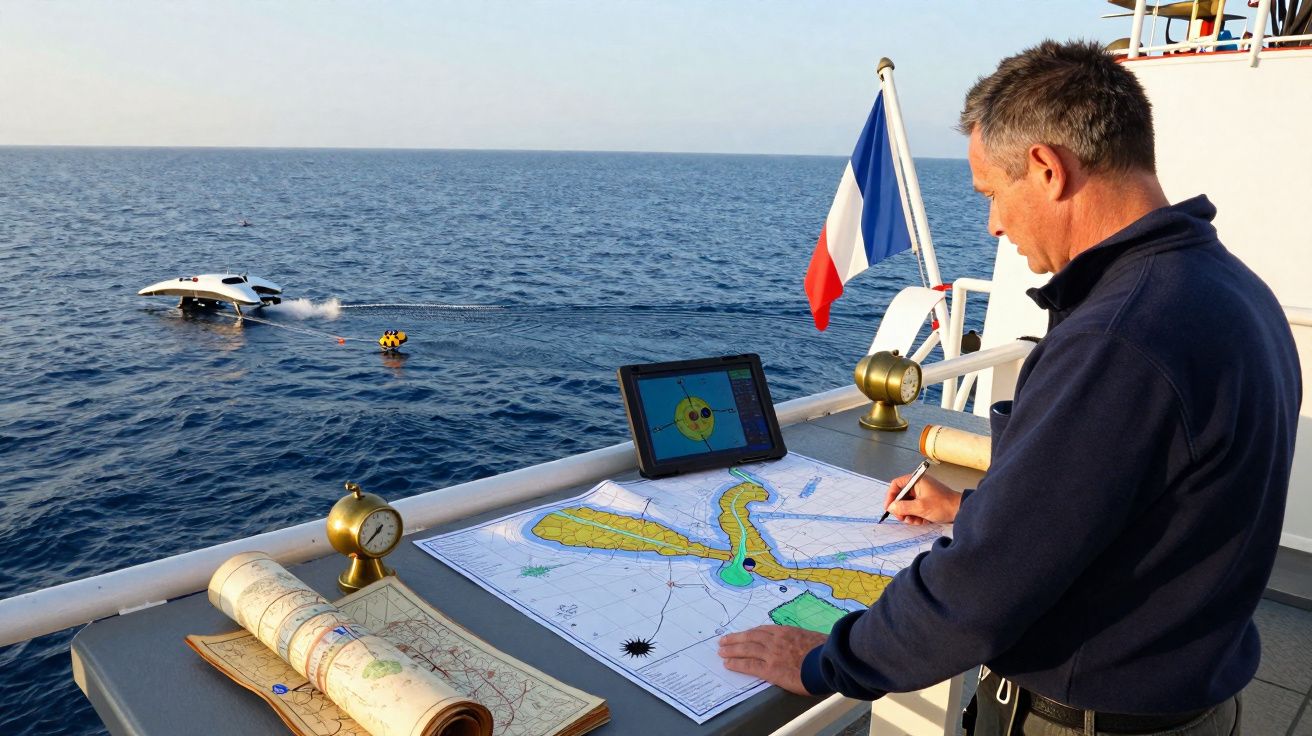 Homem a trabalhar com mapa náutico sobre a veleiro, com mar e veículo subaquático ao fundo, bandeira francesa visível.