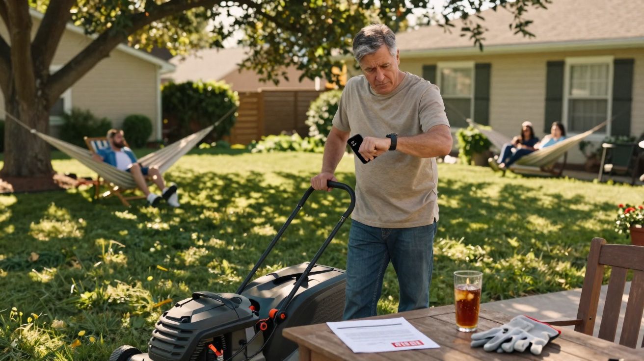 Homem a cortar relva no jardim enquanto verifica o relógio num dia soalheiro.