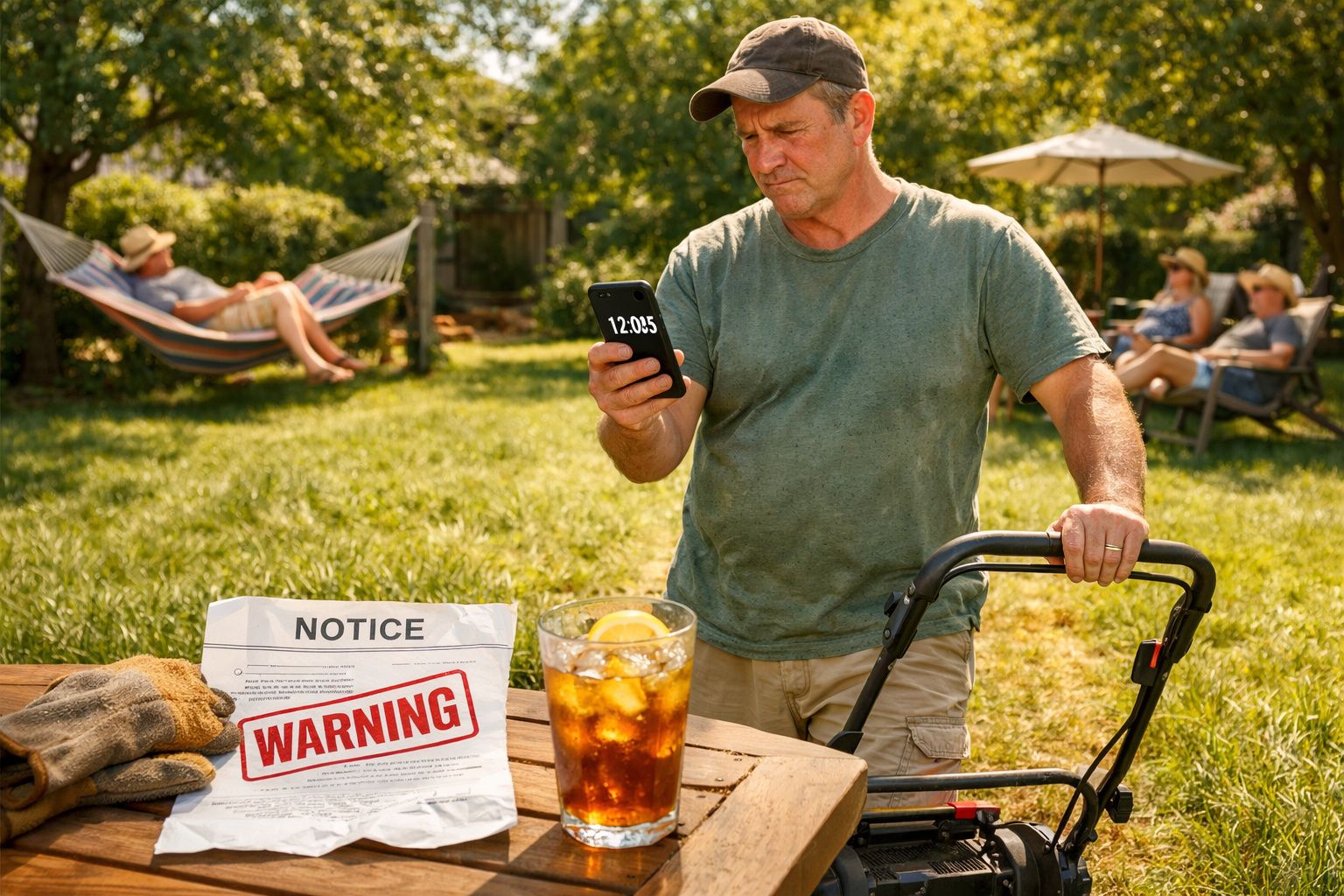 Homem com máquina de cortar relva verifica telefone no jardim com pessoas relaxando ao fundo e aviso de perigo.