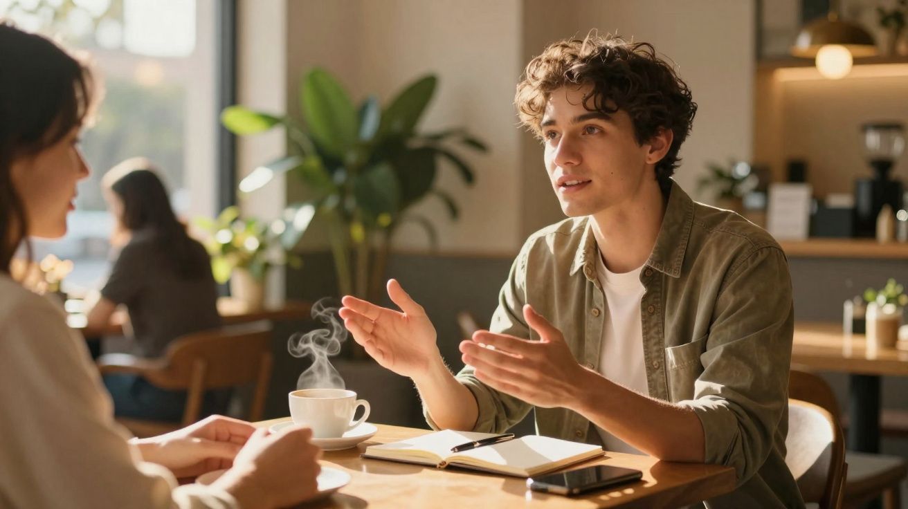 Jovem fala entusiasticamente com mulher numa mesa de café com caderno e café quente à frente.
