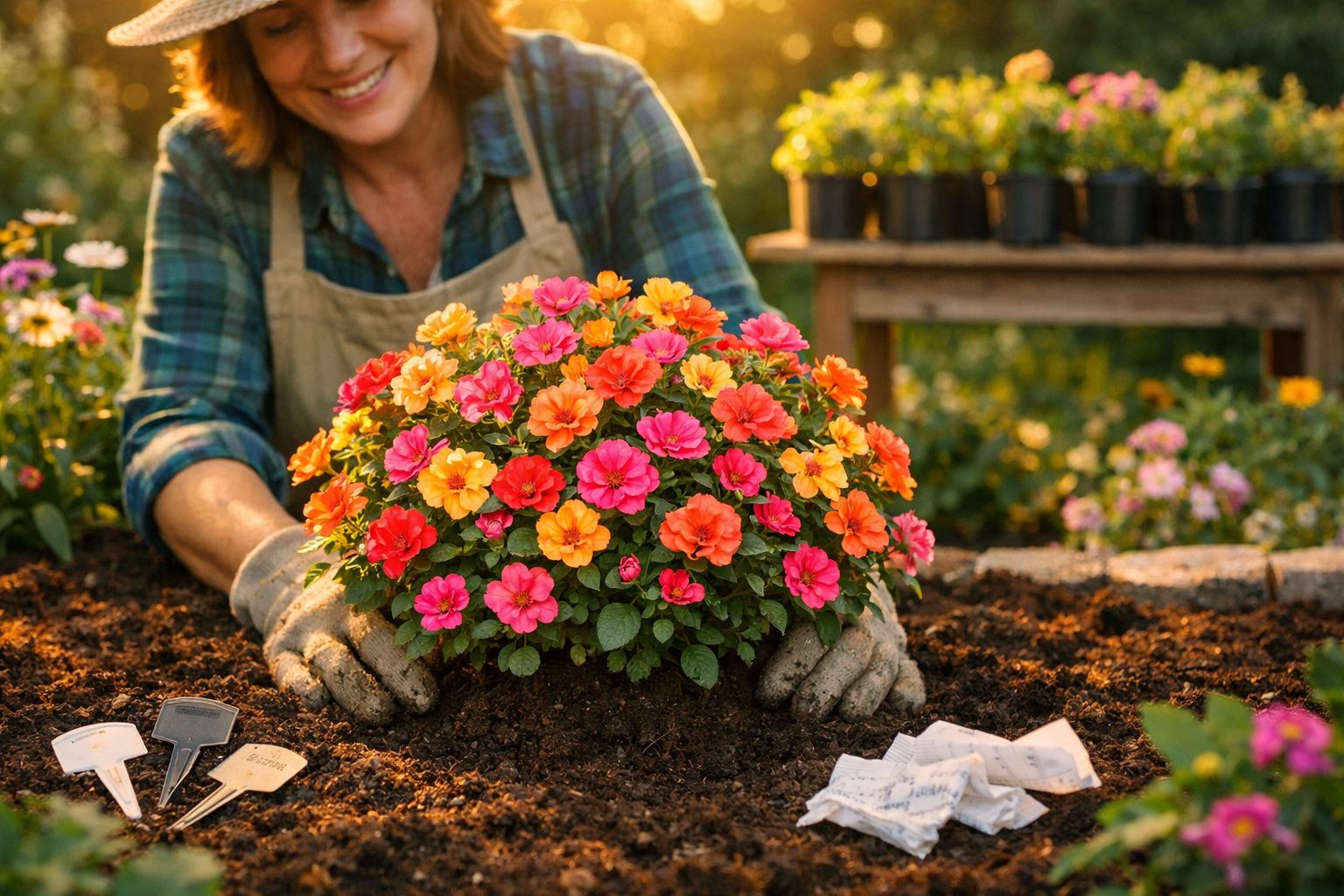 Pessoa a plantar flor colorida num jardim com luvas e terra fresca ao pôr do sol.