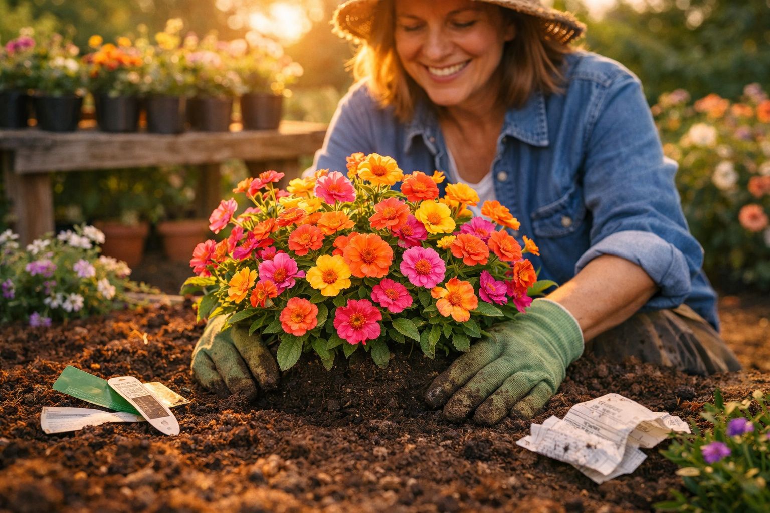 Mulher a plantar flores coloridas num jardim ao fim da tarde, usando luvas de jardinagem.