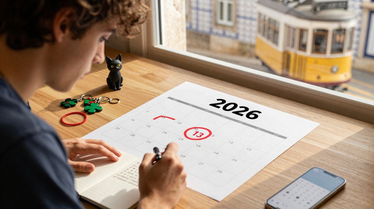 Pessoa a escrever numa agenda ao lado de um calendário de 2026 com datas assinaladas, junto a uma janela com elétrico.