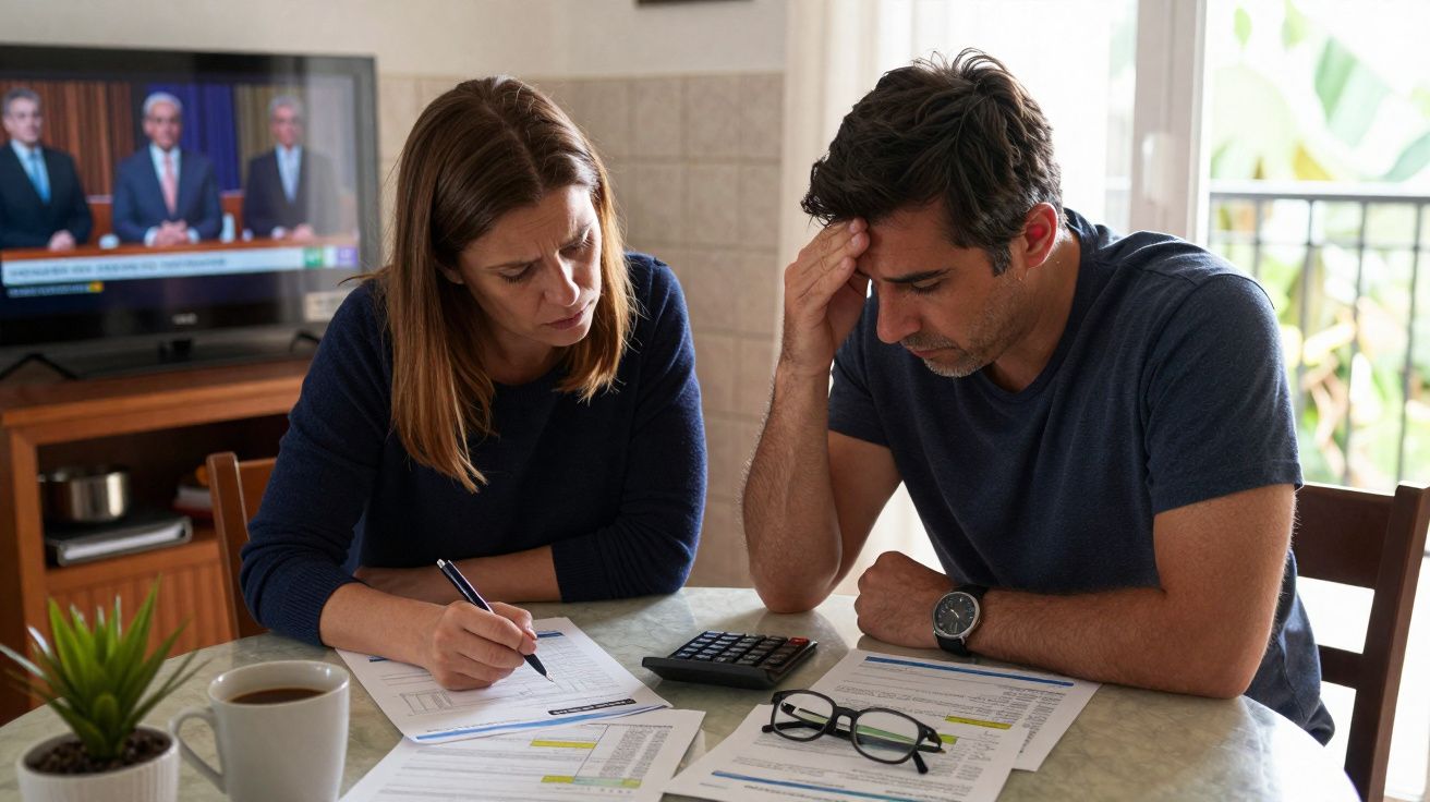 Casal preocupado analisa contas e documentos financeiros numa mesa com calculadora e televisão ligada ao fundo.
