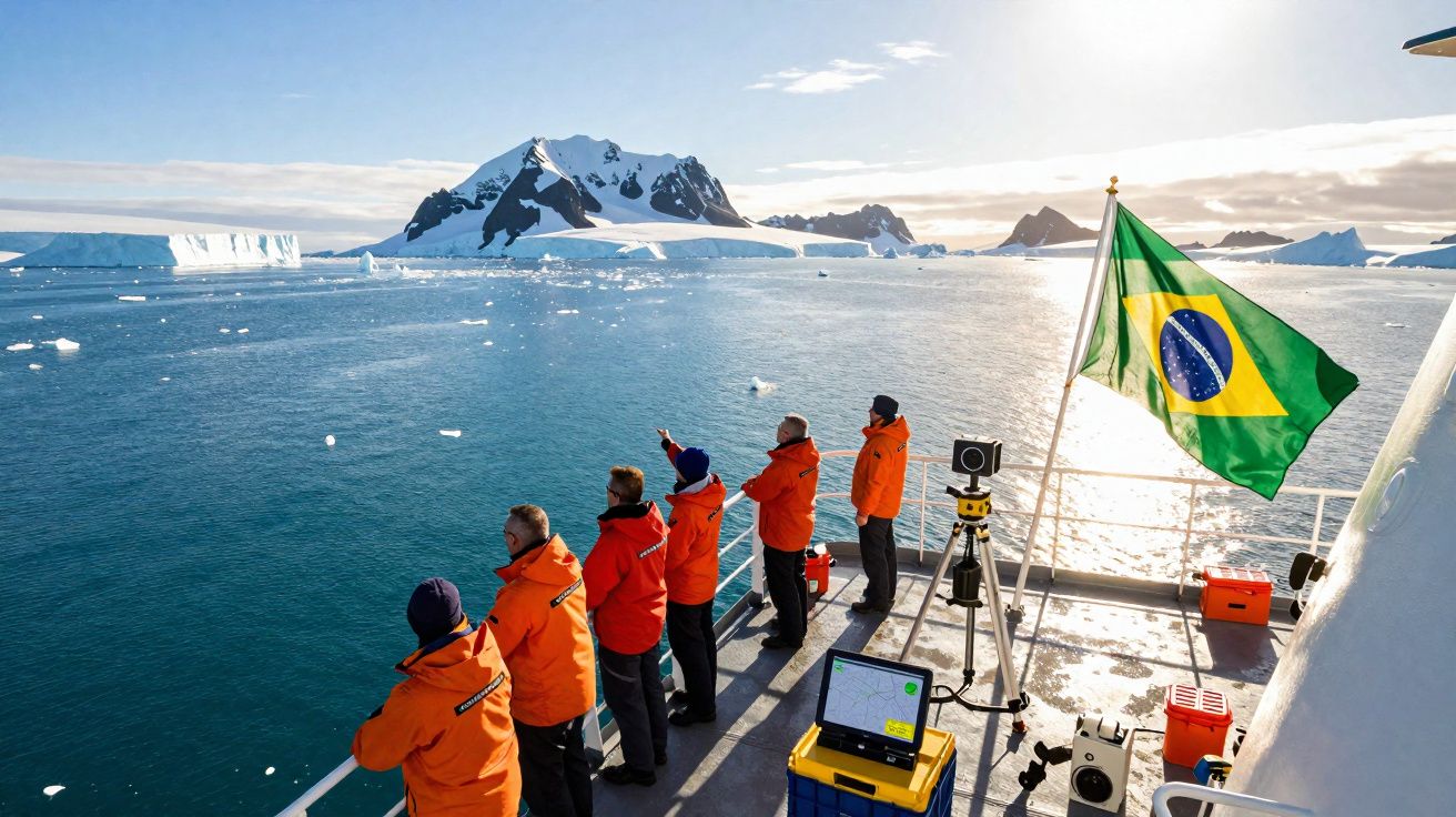 Grupo de pessoas com casacos laranja observa icebergues no mar gelado, bandeira do Brasil hasteada no barco.