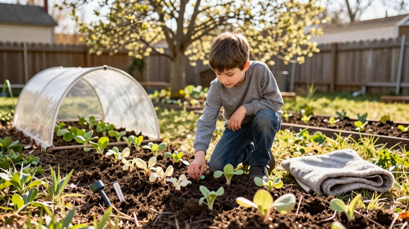 Criança a plantar sementes num jardim com canteiros e estufa pequena ao ar livre.