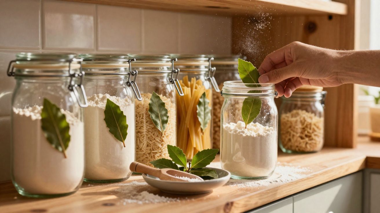 Frascos de vidro com farinha, arroz e massa decorados com folhas de louro numa prateleira de cozinha.