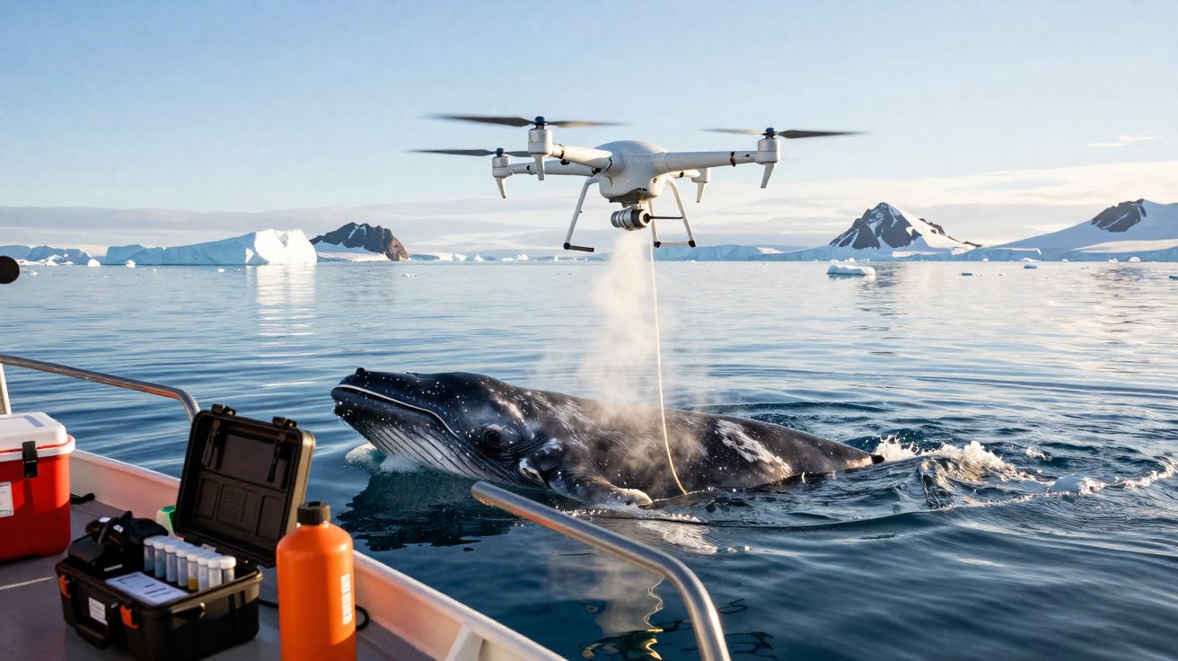 Drone próximo a baleia perto de barco com equipamentos num mar com icebergs e montanhas ao fundo.