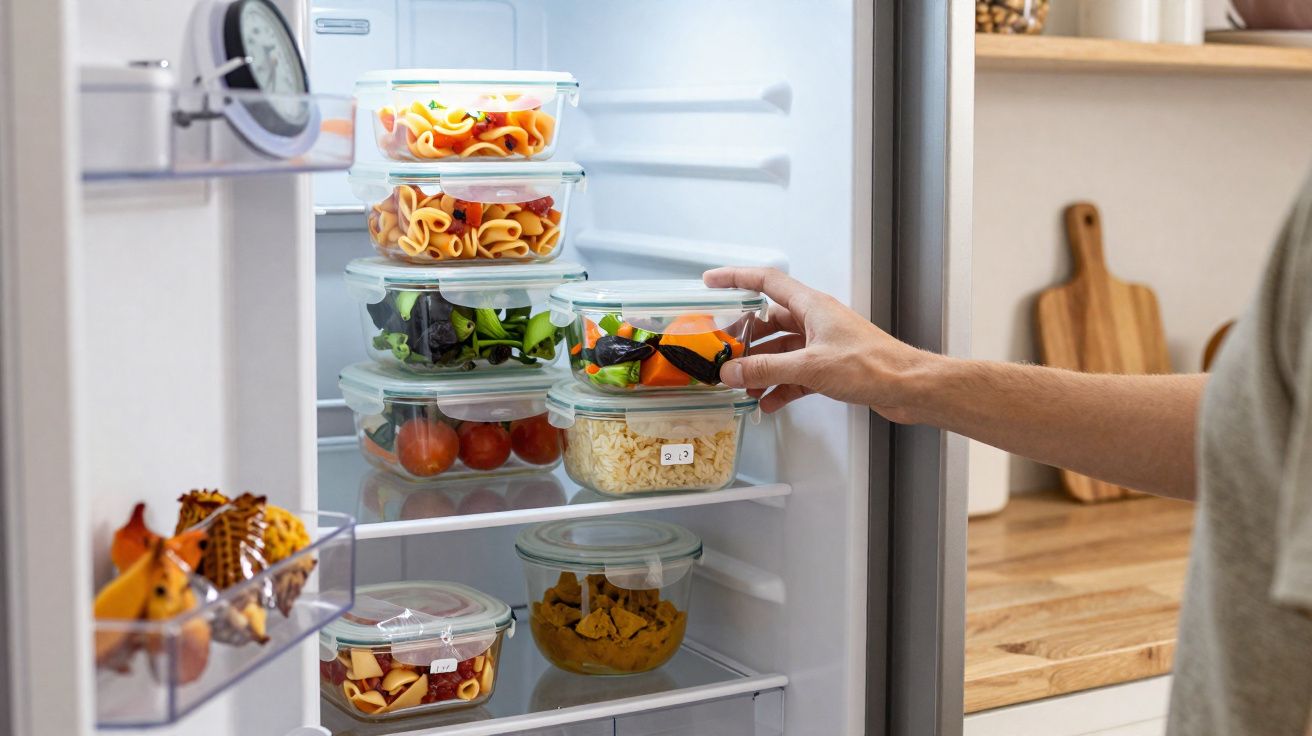 Pessoa a guardar meal prepped em recipientes transparentes na prateleira do frigorífico aberto na cozinha.