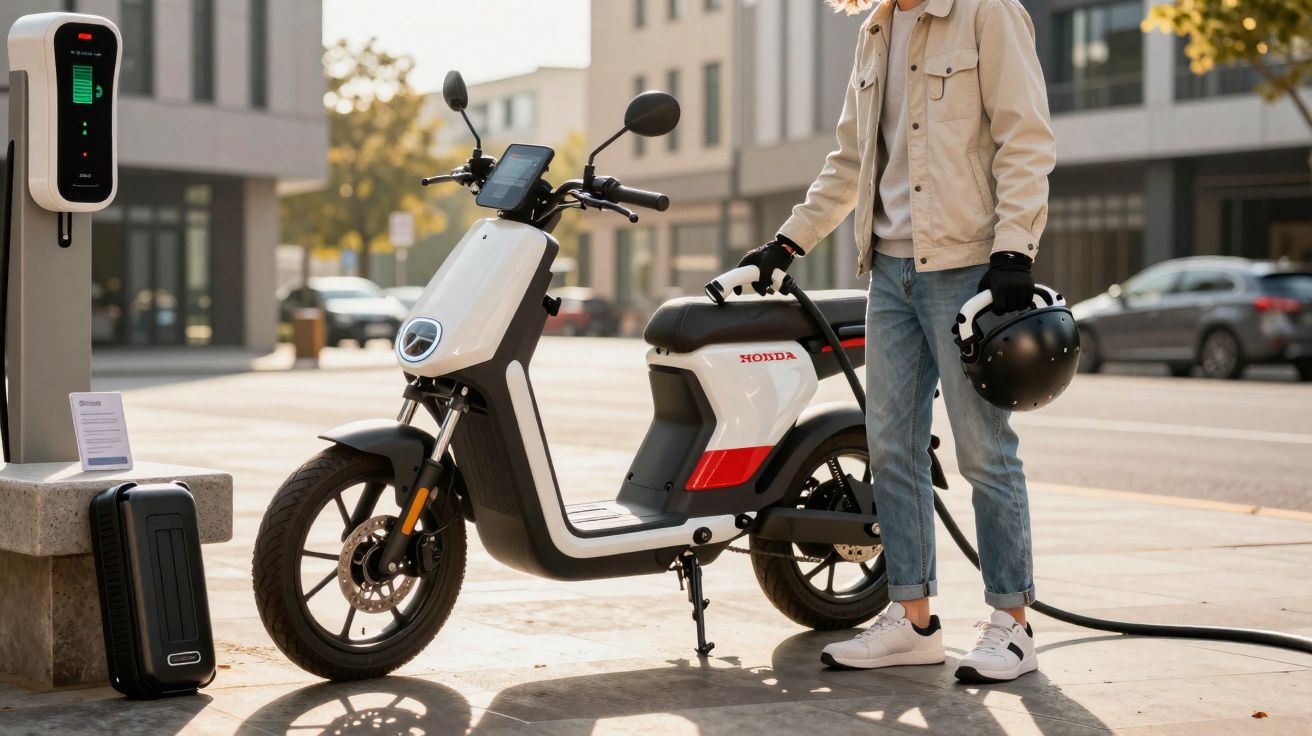 Pessoa com capacete a carregar uma mota elétrica Honda numa estação de carregamento urbana.