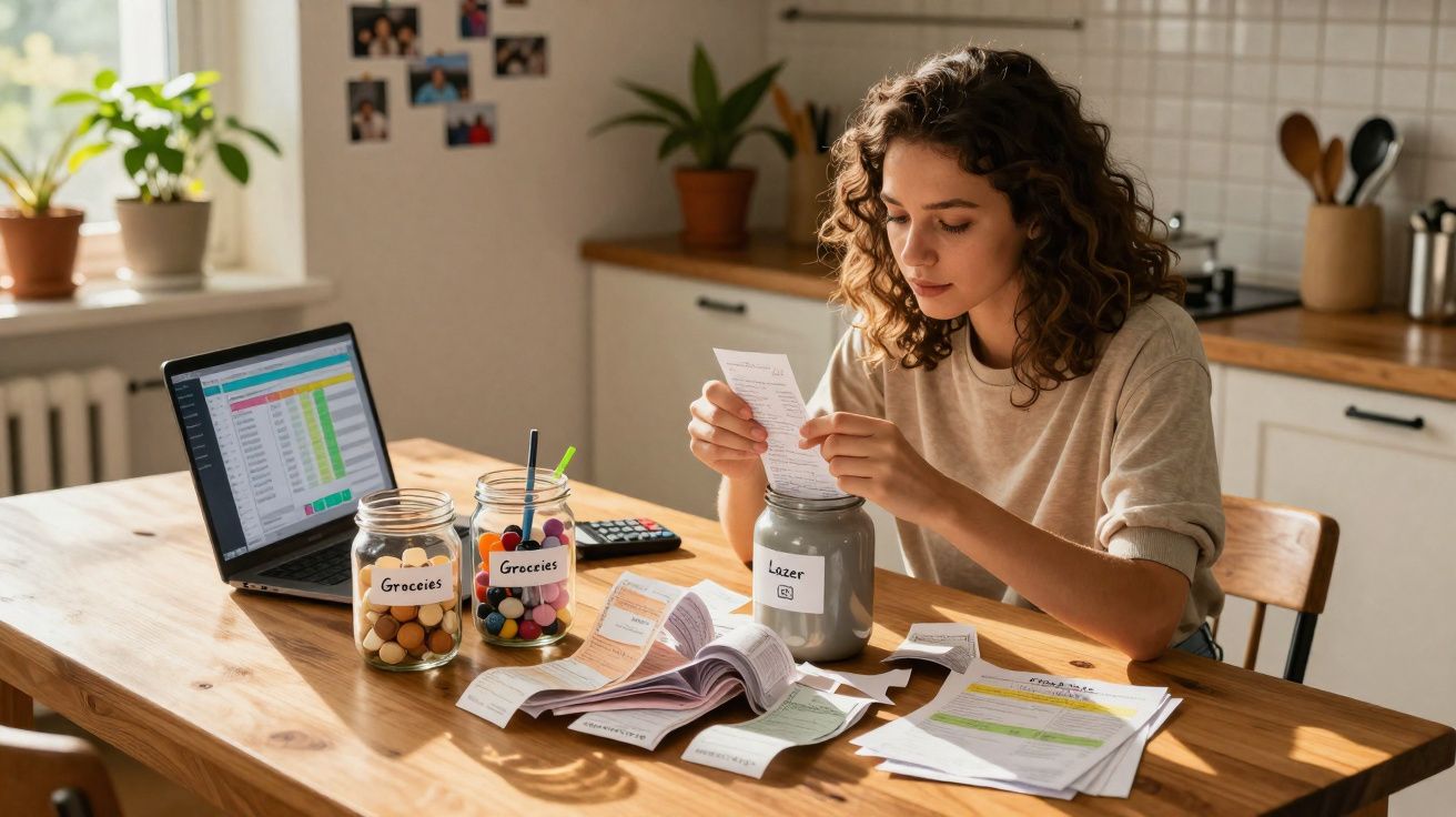 Mulher a fazer orçamento doméstico com recibos, frascos etiquetados e computador numa mesa de cozinha.