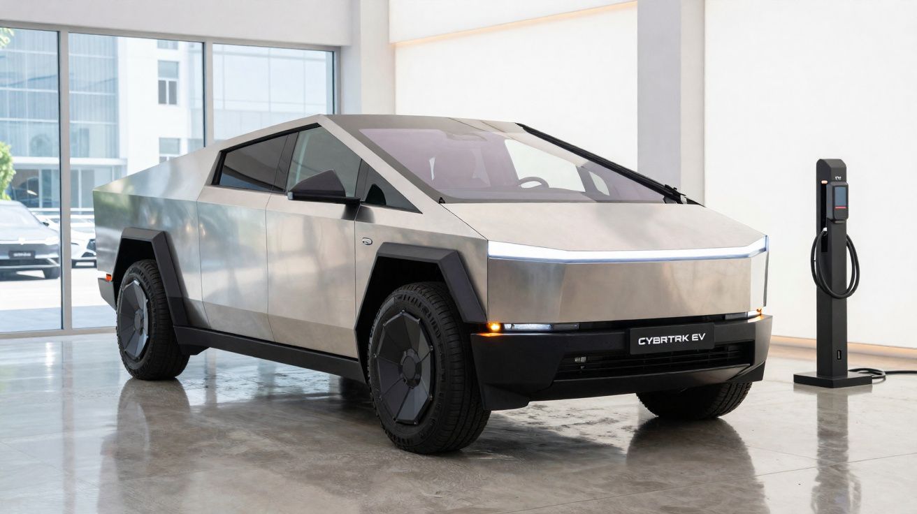 Carro elétrico Tesla Cybertruck estacionado em interior moderno ao lado de uma estação de carregamento.